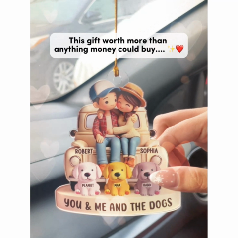 3D Effect Couple On Truck You Me And The Dog Cats Personalized Acrylic Car Hanger Ornament, Heartfelt 2025 Gift For Couple, For Dog Lovers, Cat Lovers