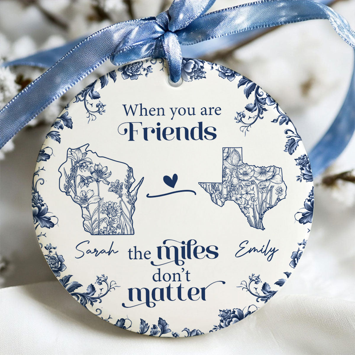 Blue Floral State Map Personalized Long Distance Friendship Ornament, Long Distance Best Friend Gift Moving Away Gift
