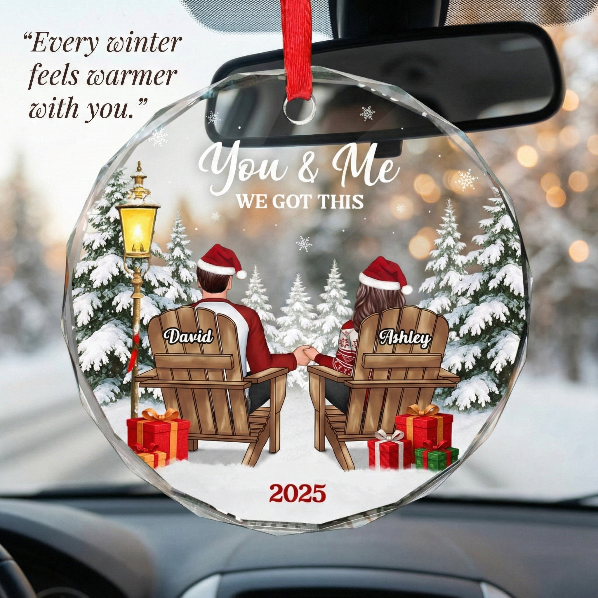 Couple Sitting Winter Landscape - Personalized Glass Ornament - Christmas Gift For Him, For Her, Anniversary Gift