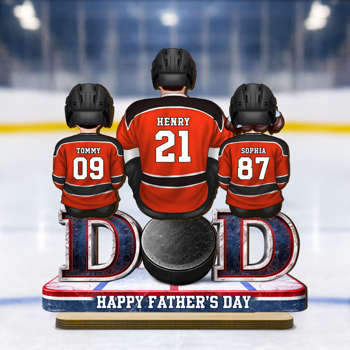 Hockey Dad And Kids Sitting Together - Personalized 2-Layered Wooden Plaque - Gift, Gift For Hockey Dad, Gift For Husband