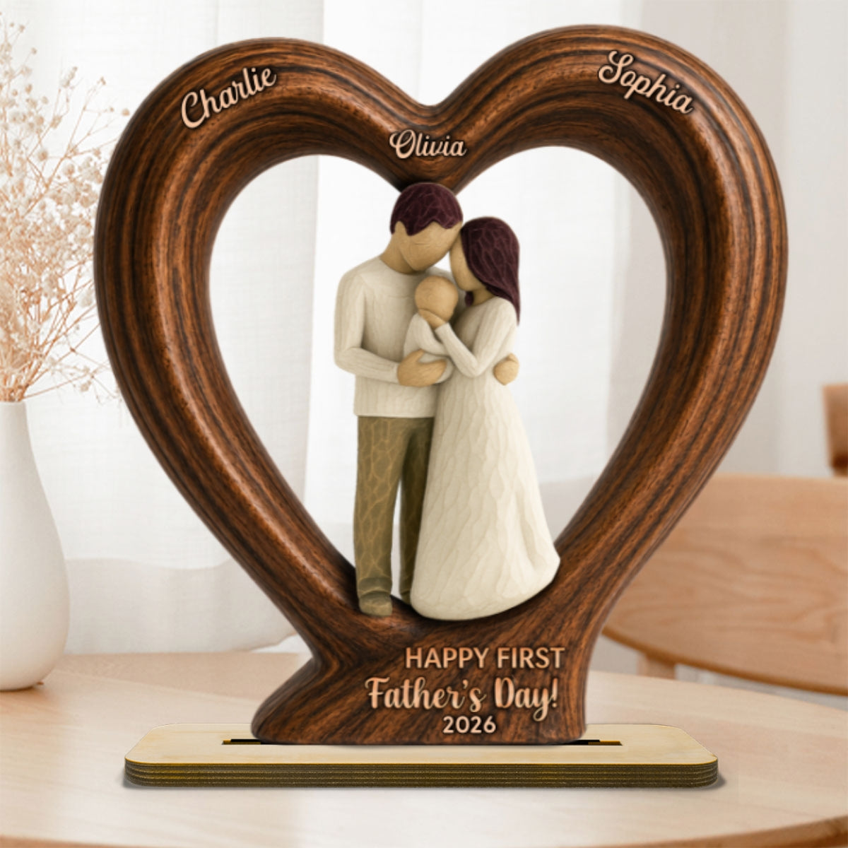 Happy First Dad From Mom And Baby 2D Flat Heart - Personalized 2-Layered Wooden Plaque - Heartfelt Gift For Husband, New Dad