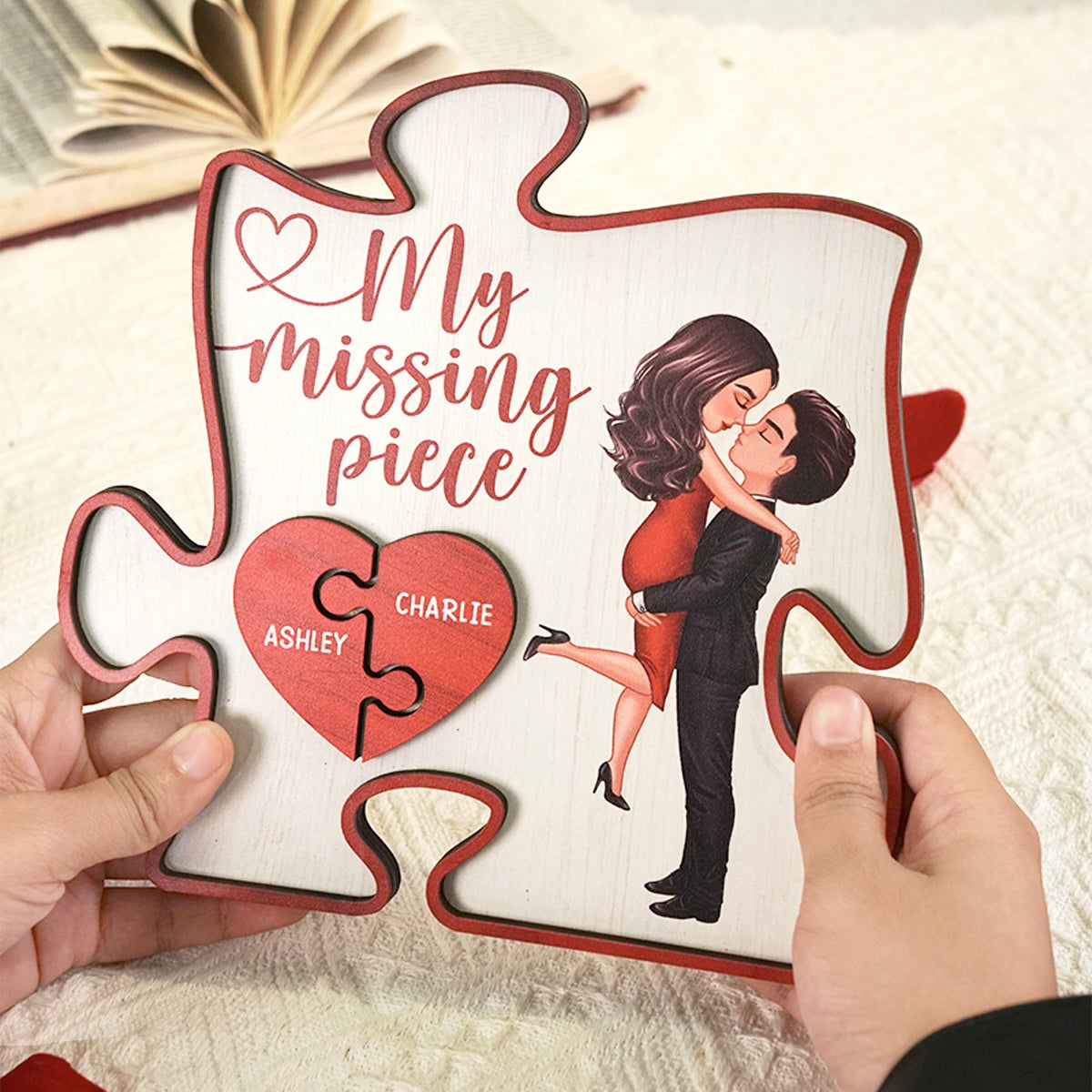 My Missing Piece Couple Hugging Kissing Red Puzzle Shaped Personalized 2-Layer Wooden Plaque, Anniversary Gift, Gift