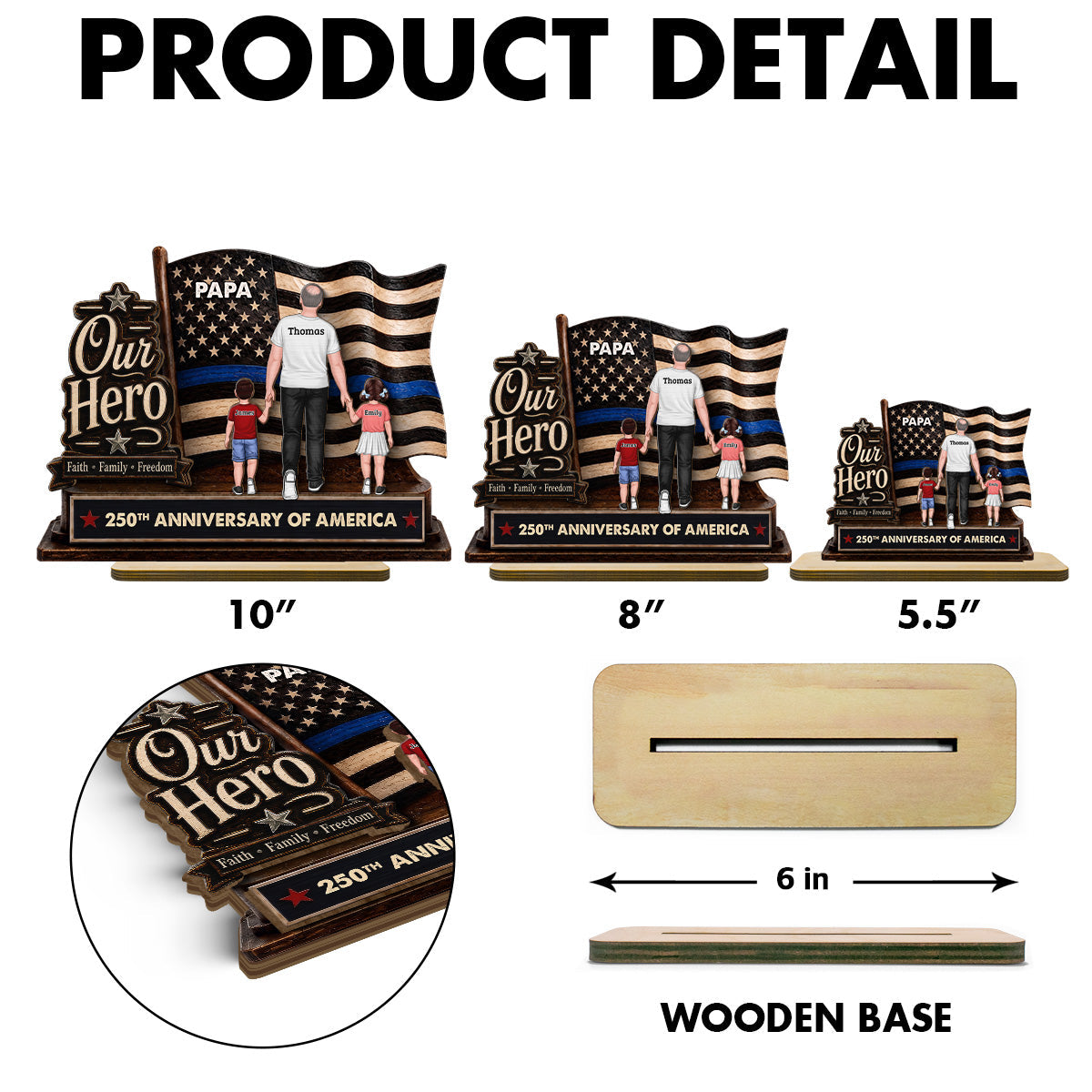 Dad Grandpa Our Hero American Flag 2D Flat - Personalized 2-Layered Wooden Plaque - Gift For Patriotic Dad, Grandpa, Husband