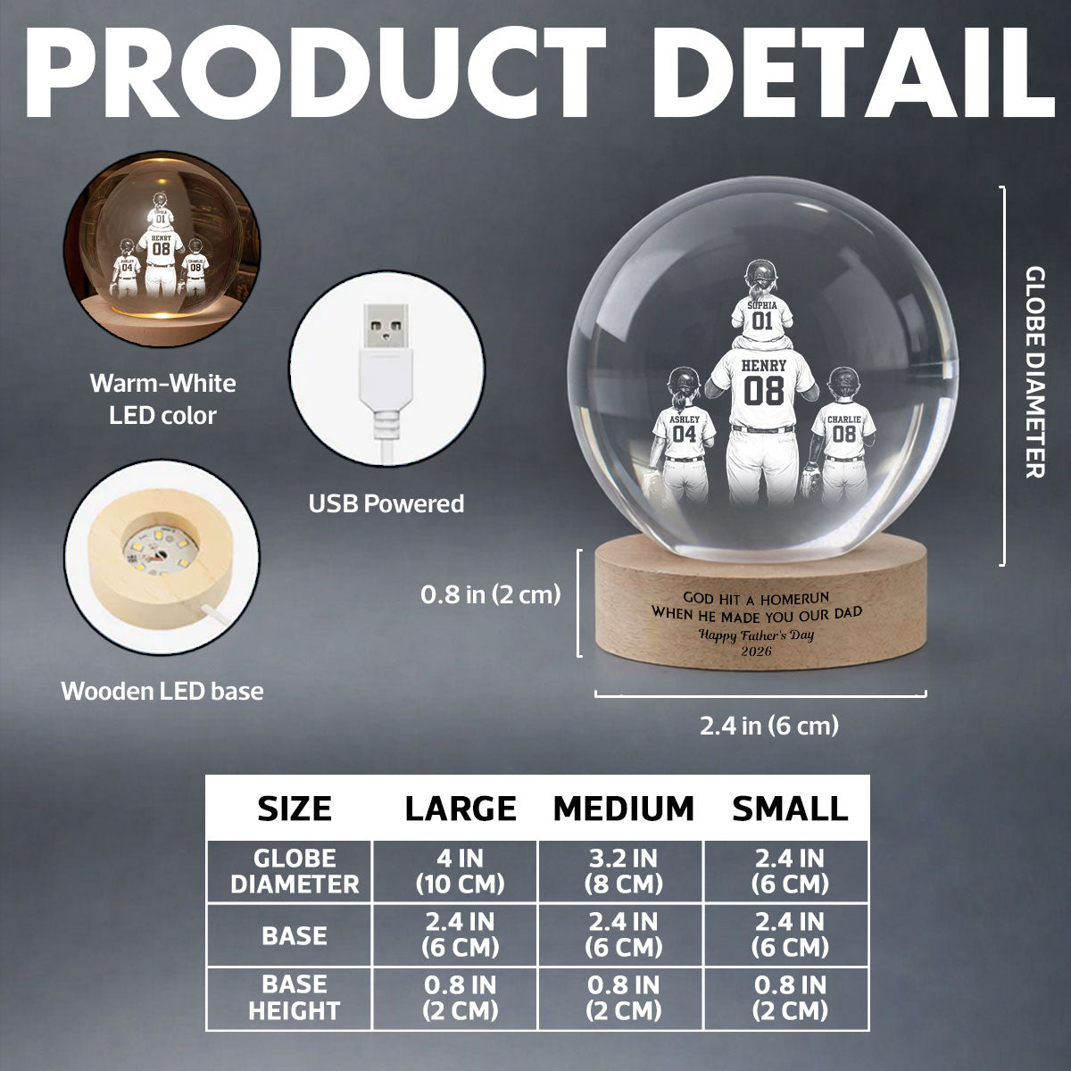 We Caught the Best Dad - Personalized Crystal Ball LED Night Light - Gift for Dad, Husband