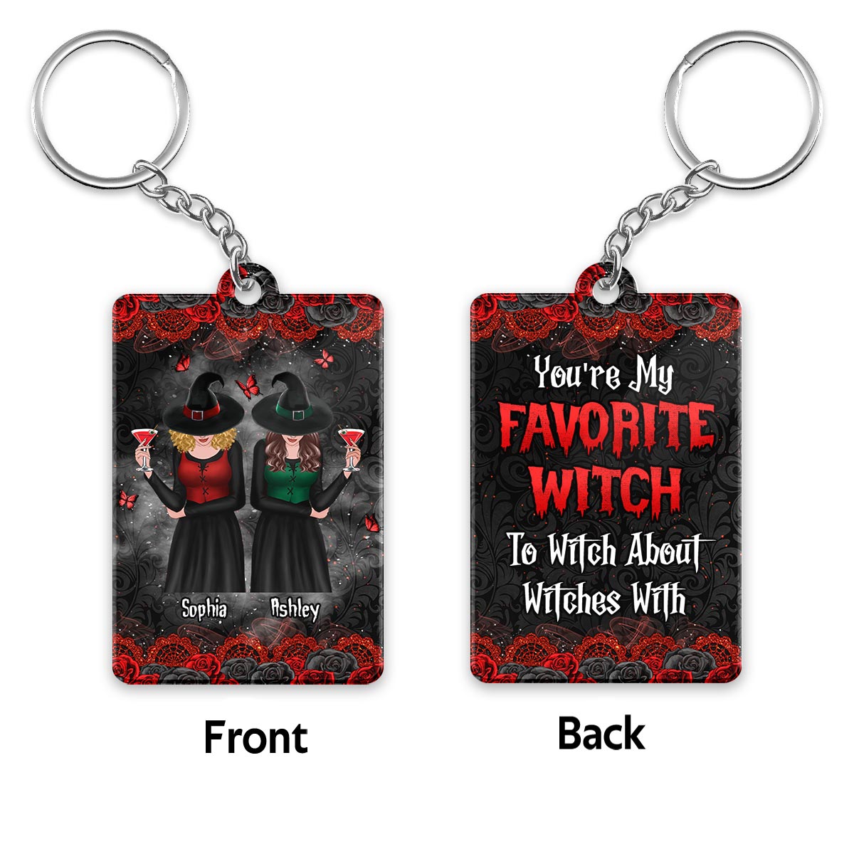 Roses Halloween Front View Besties Witches Gift For Best Friends Personalized Acrylic Keychain
