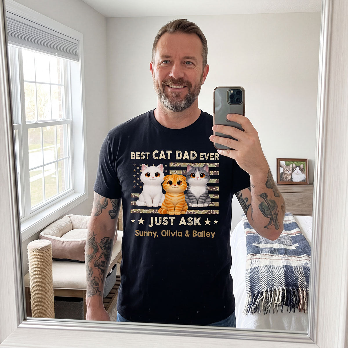 Best Cat Dad Ever Trendy Camouflage Pattern Nation Flag - Personalized Shirt - Father's Day Gift For Cat Dad, Cat Lovers