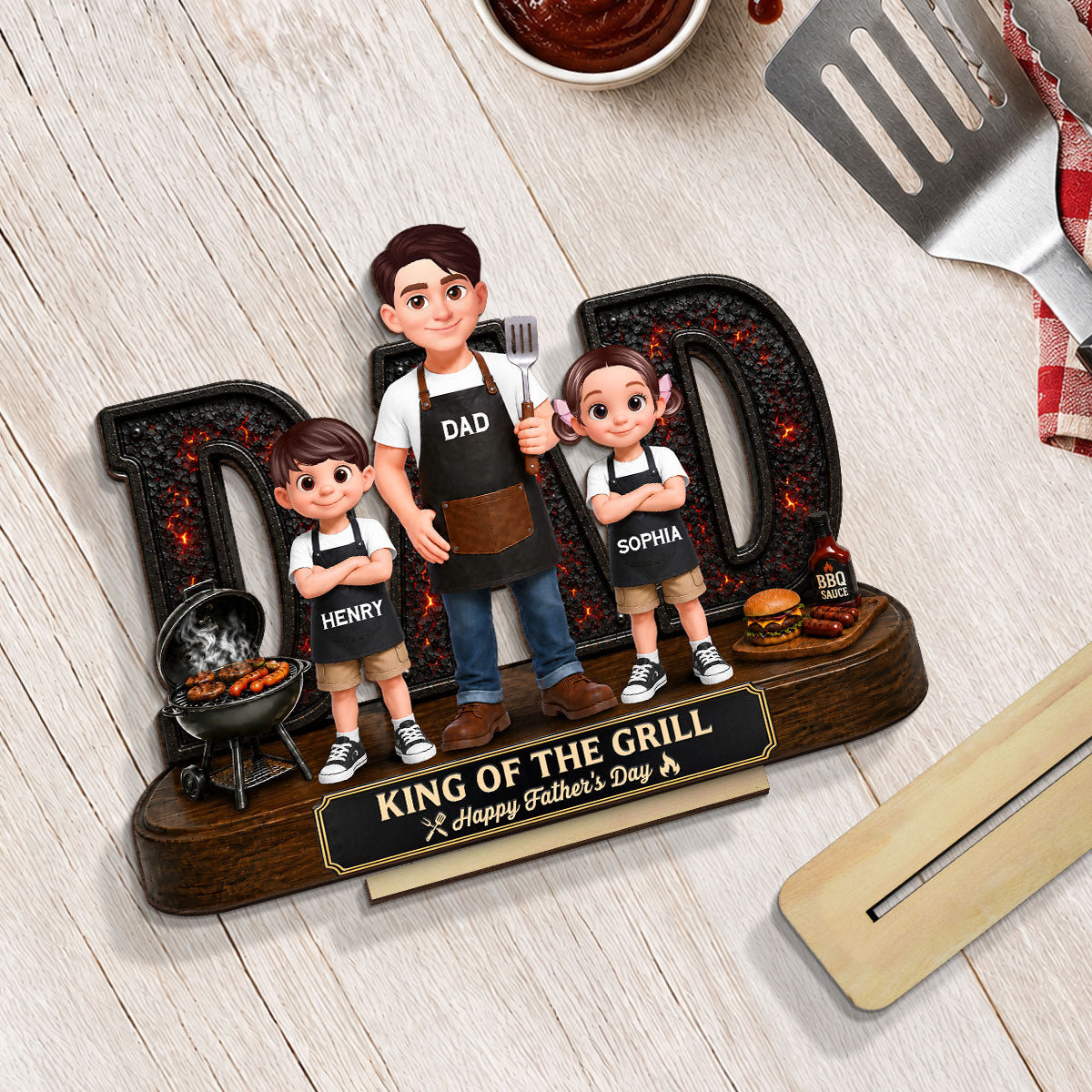 BBQ King Of The Grill Dad - Personalized Wooden Plaque - Gift For Dad, Husband