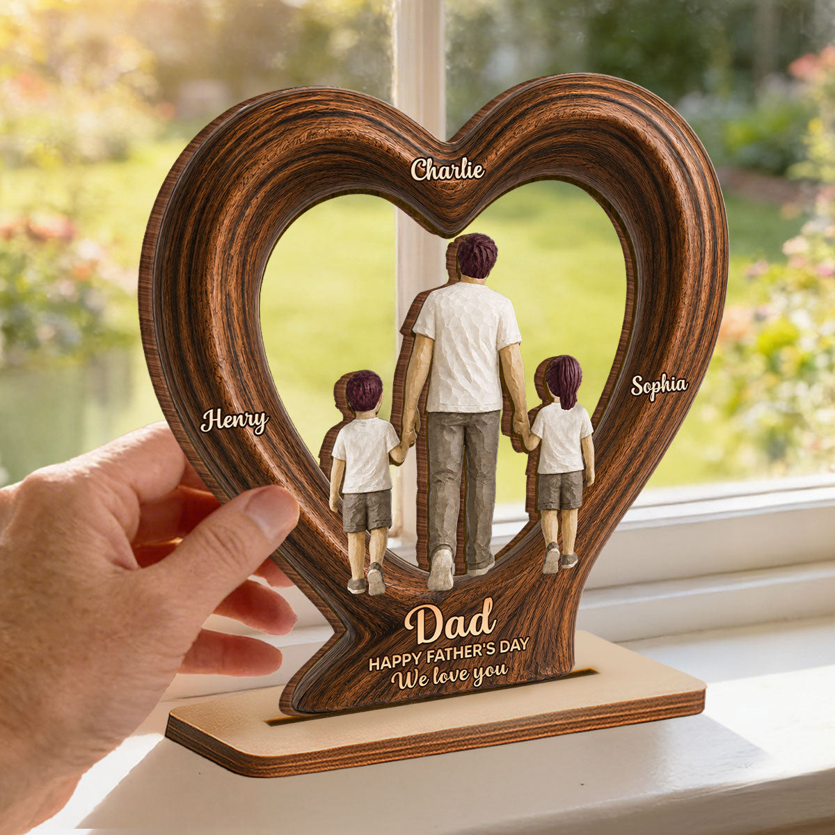 Sentimental Rustic Dad And Kids Walking In Heart 2D Flat - Personalized 2-Layered Wooden Plaque - Gift For Dad, Husband