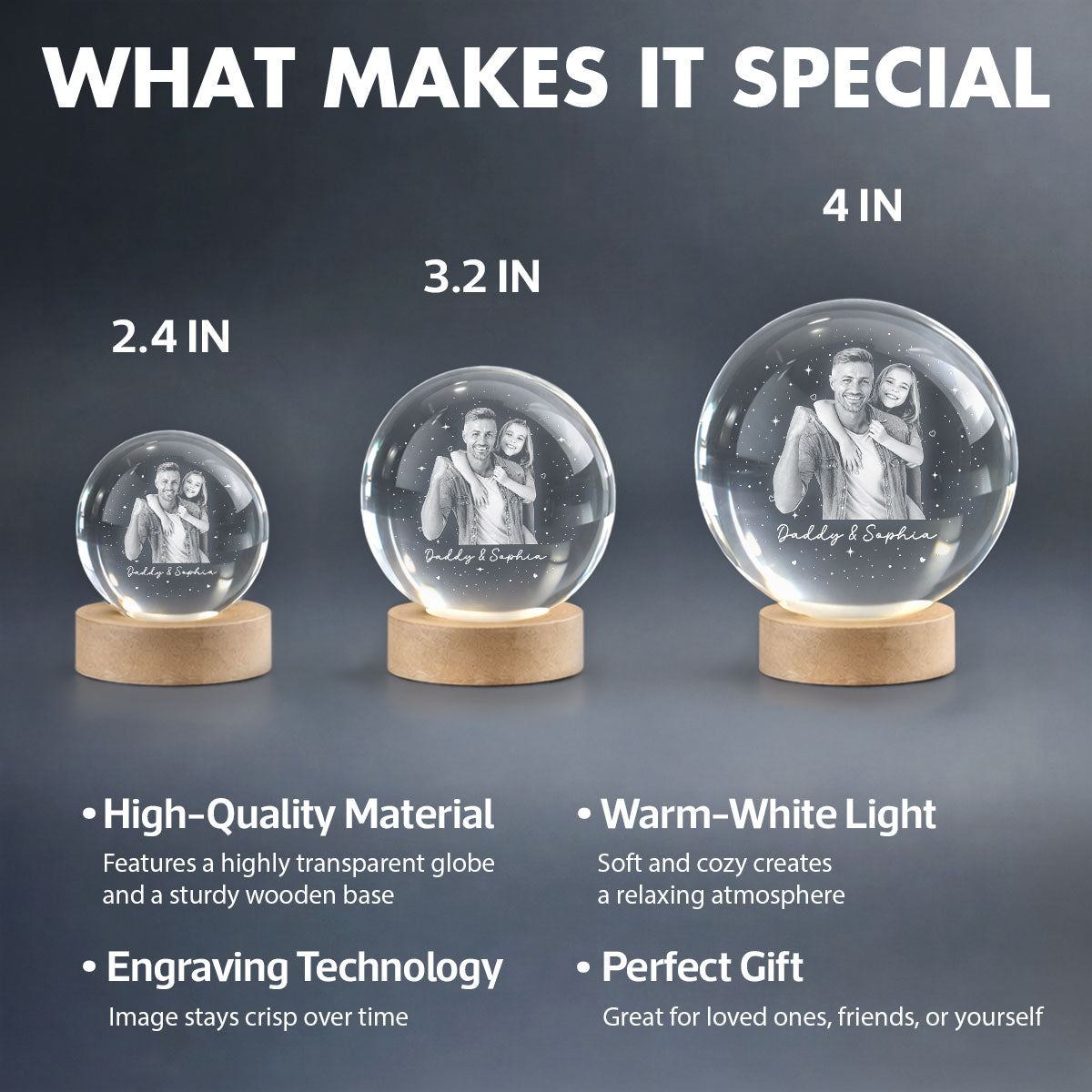 Dad And Kid Custom Upload Photo - Personalized Crystal Ball LED Night Light - Gift For Dad