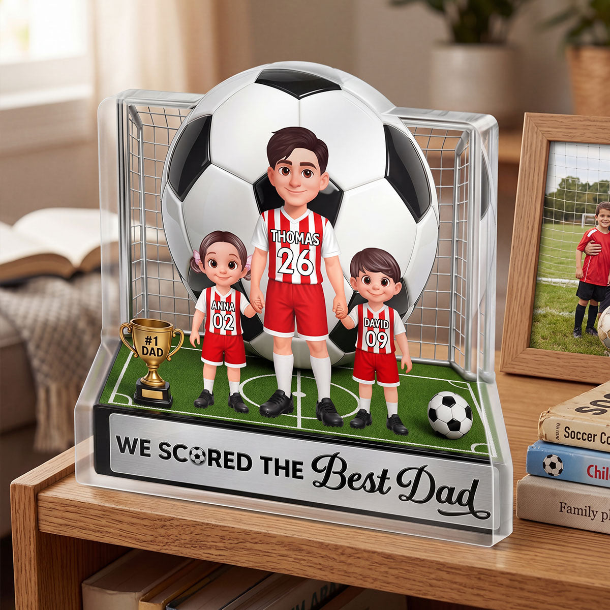 No 1 Soccer Dad And Kids We Scored The Best Dad 2D Flat Printed - Personalized Acrylic Block Plaque - Gift For Dad, Husband, Soccer Football Fans