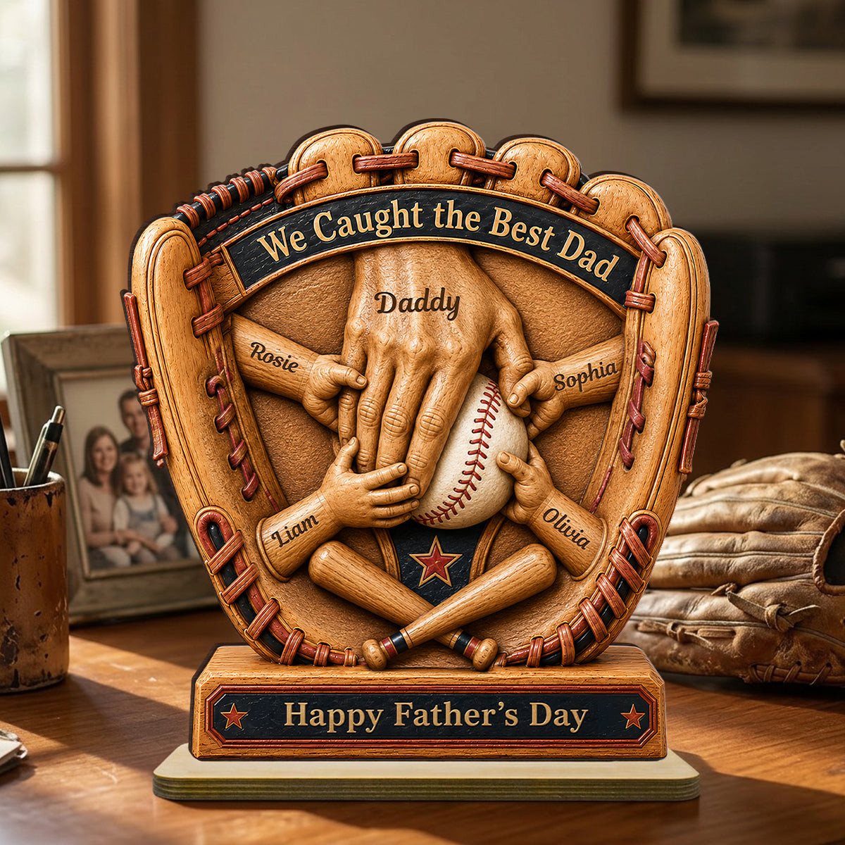 Baseball Glove Dad & Kids' Hands - Personalized 2-Layered Wooden Plaque - Gift For Dad, Husband