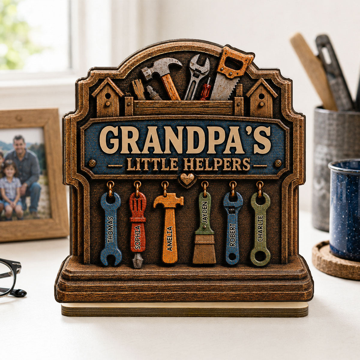 Grandpa's Little Helpers - Personalized 2-Layered Wooden Plaque - Gift For Dad, Husband, Grandpa