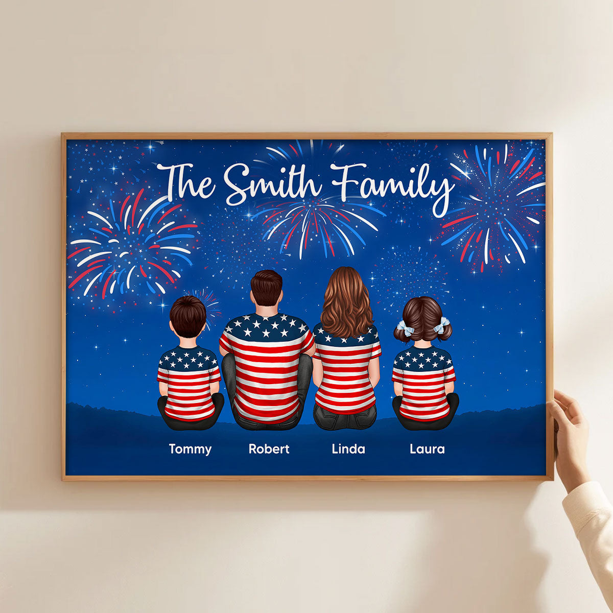 American Family At Night Firework 4th Of July Personalized Poster, Father's Day gift, gift for family