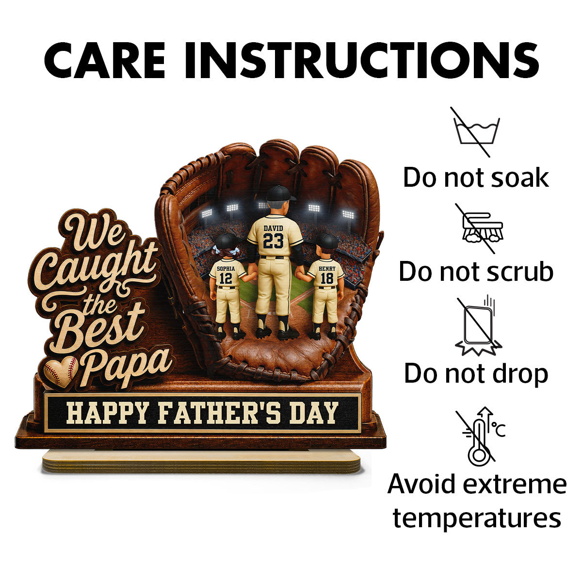 We Caught The Best Grandpa Man & Kids In Glove - Personalized 2-Layered Wooden Plaque - Happy For Baseball Grandpa