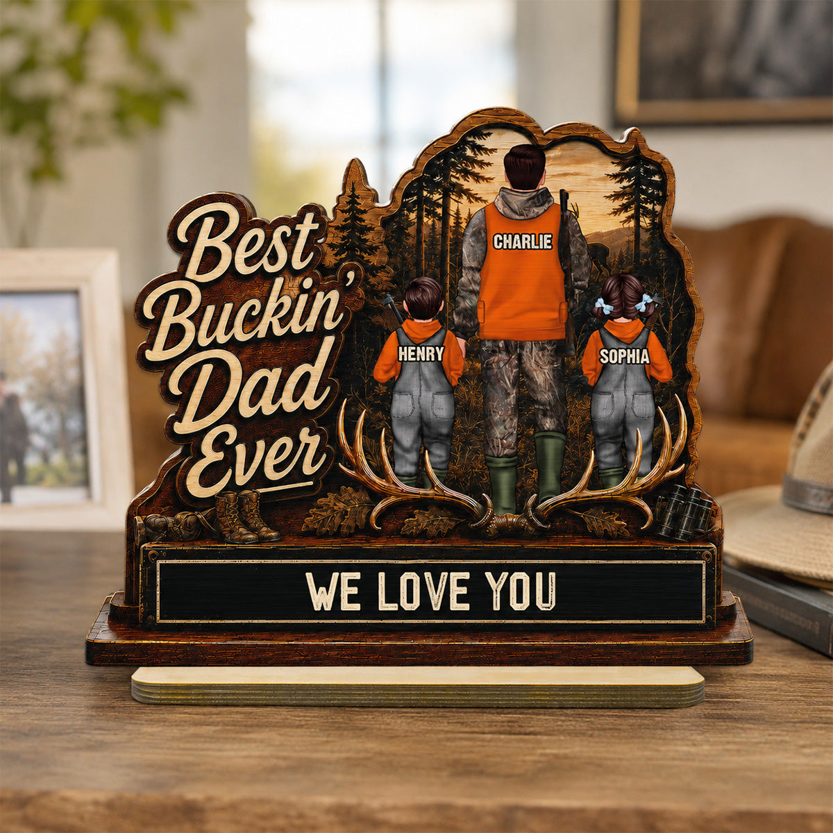 Best Buckin' Dad Papa Ever Hunting Man & Kids 2D Flat - Personalized 2-Layered Wooden Plaque - Gift For Hunting Dad, Grandpa