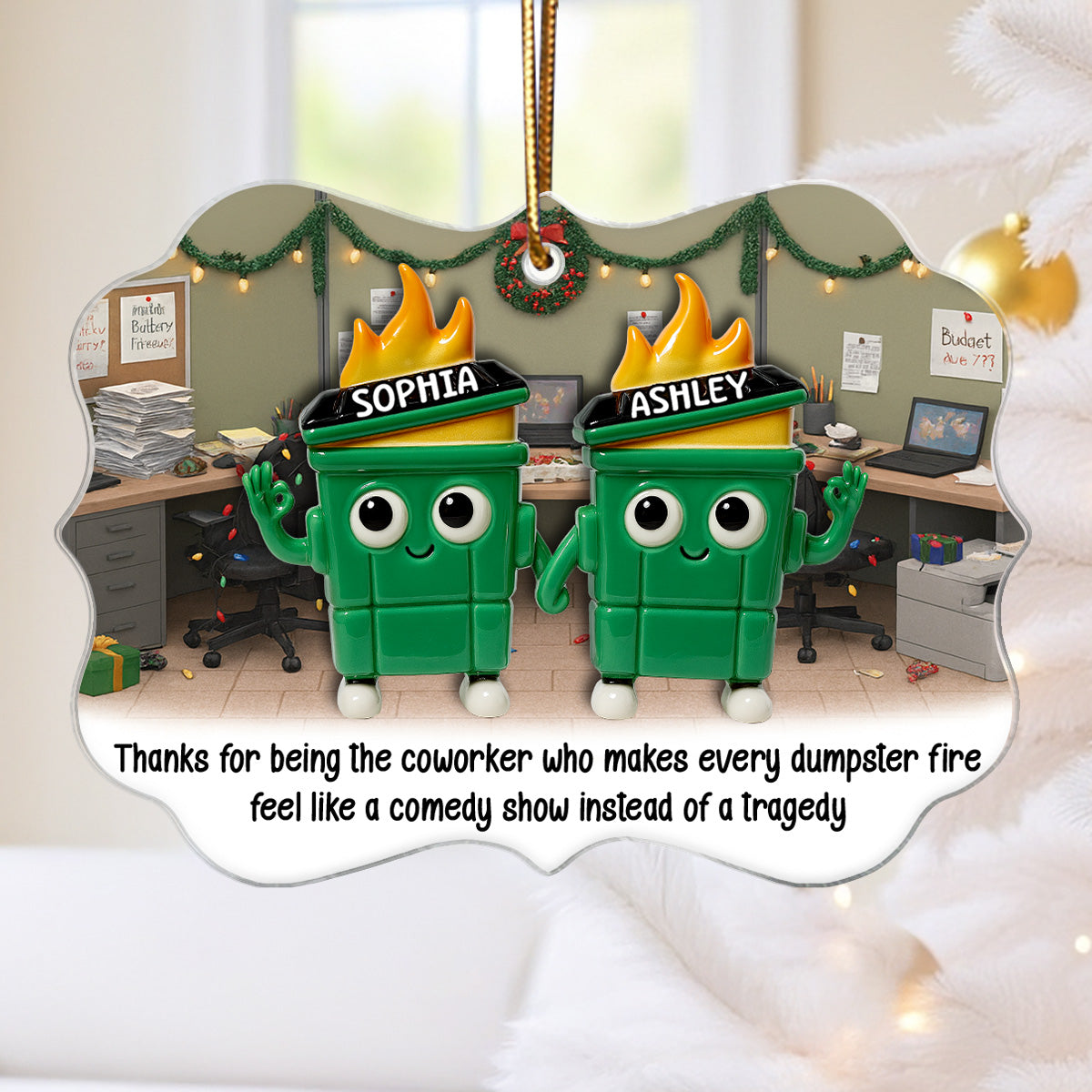 Thank You Work Besties 3D Effect Dumpster Fires - Personalized Acrylic Ornament - Funny Gift For Colleagues, Work Besties