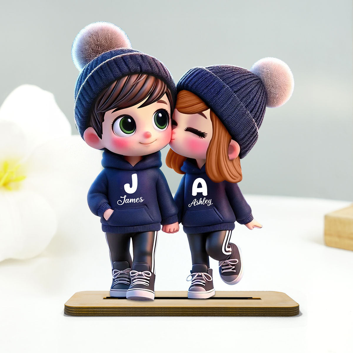 3D Effect Cute Cartoon Couple Walking Personalized Standing Wooden Plaque, Gift for Him, Gift for Her