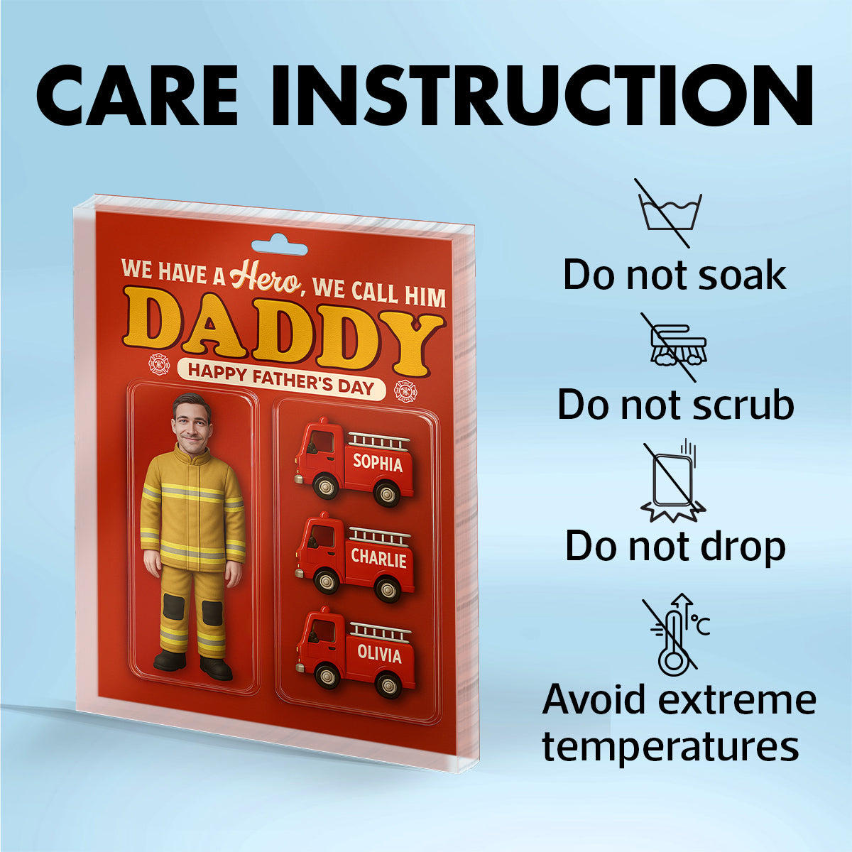 Firefighter Dad Hero Custom Figure 3D Effect Personalized Flat Acrylic Block Plaque, Unique Gift For Dad