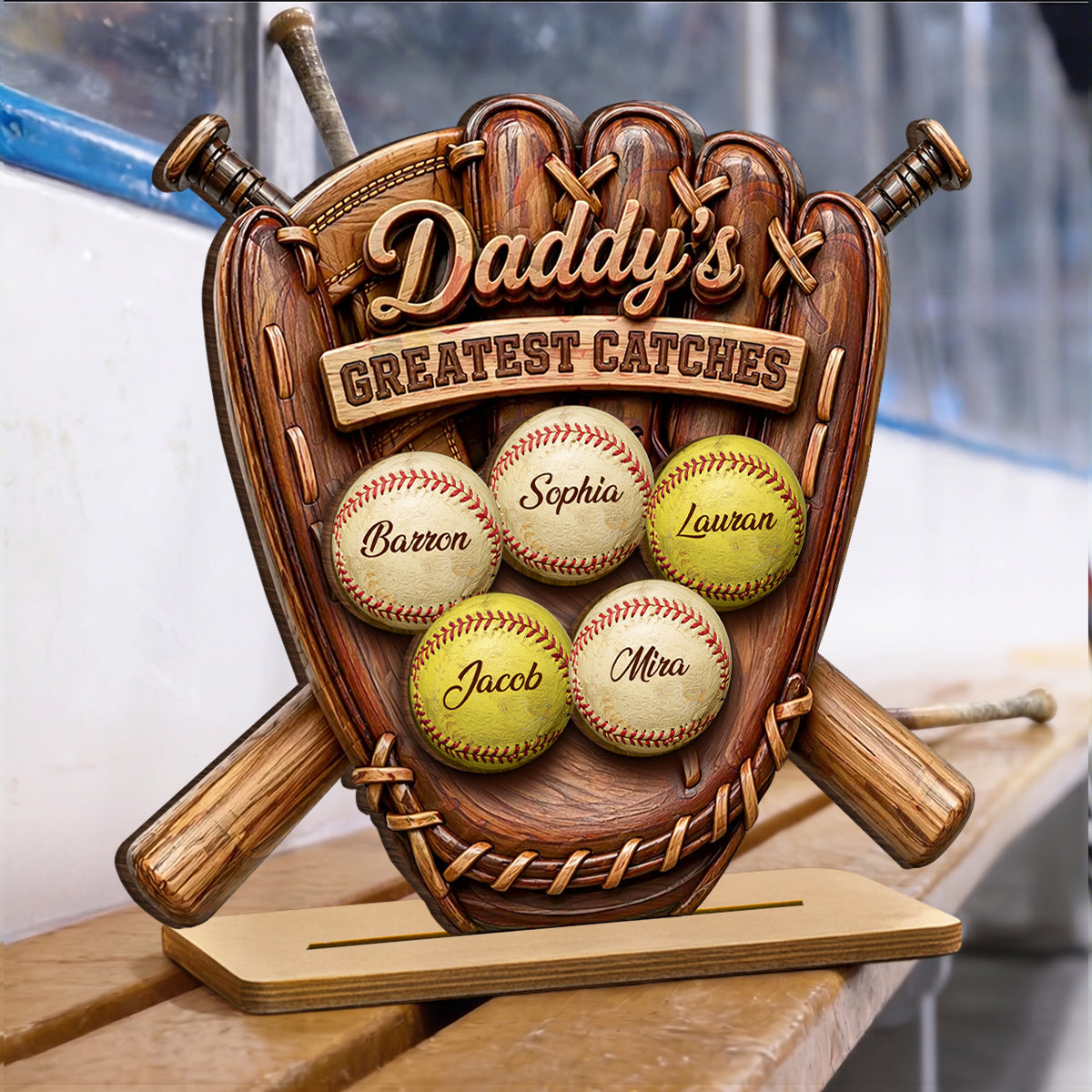 Daddy's Greatest Catches Baseball Softball - Personalized 2-Layered Wooden Plaque - Gift for Husband, Dad