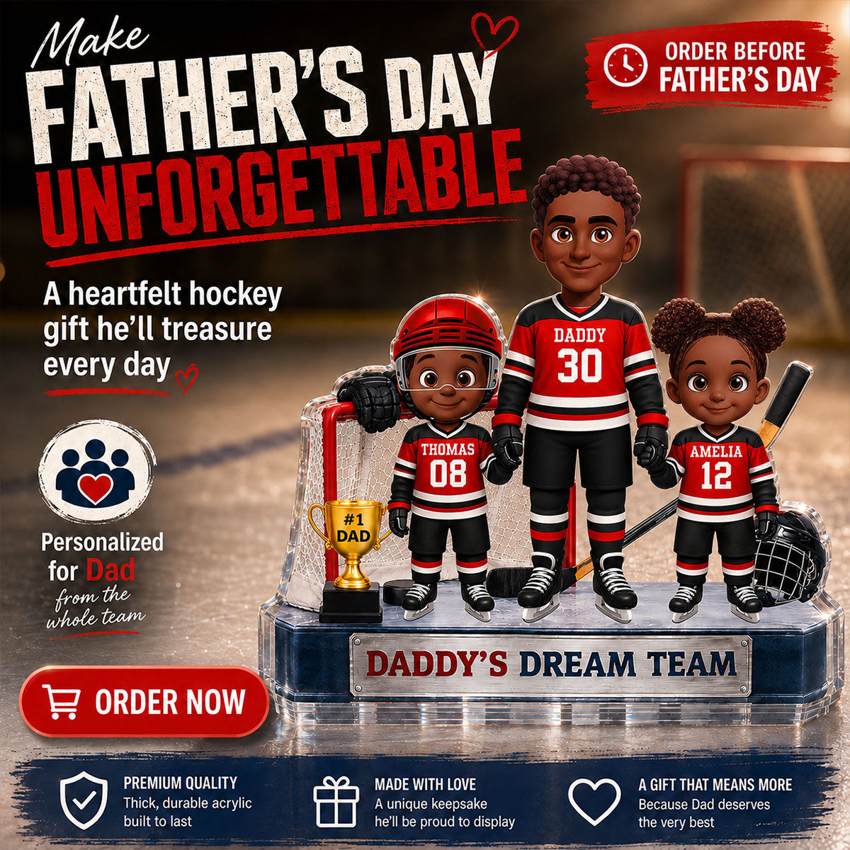 Daddy's Dream Team Hockey Dad & Kids - Personalized Acrylic Block Plaque - Gift For Dad, Husband
