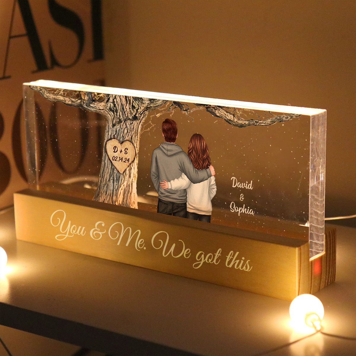 Couple Back View Engraved Tree Personalized Acrylic Block LED Night Light, Gift, Anniversary Gift for Him for Her