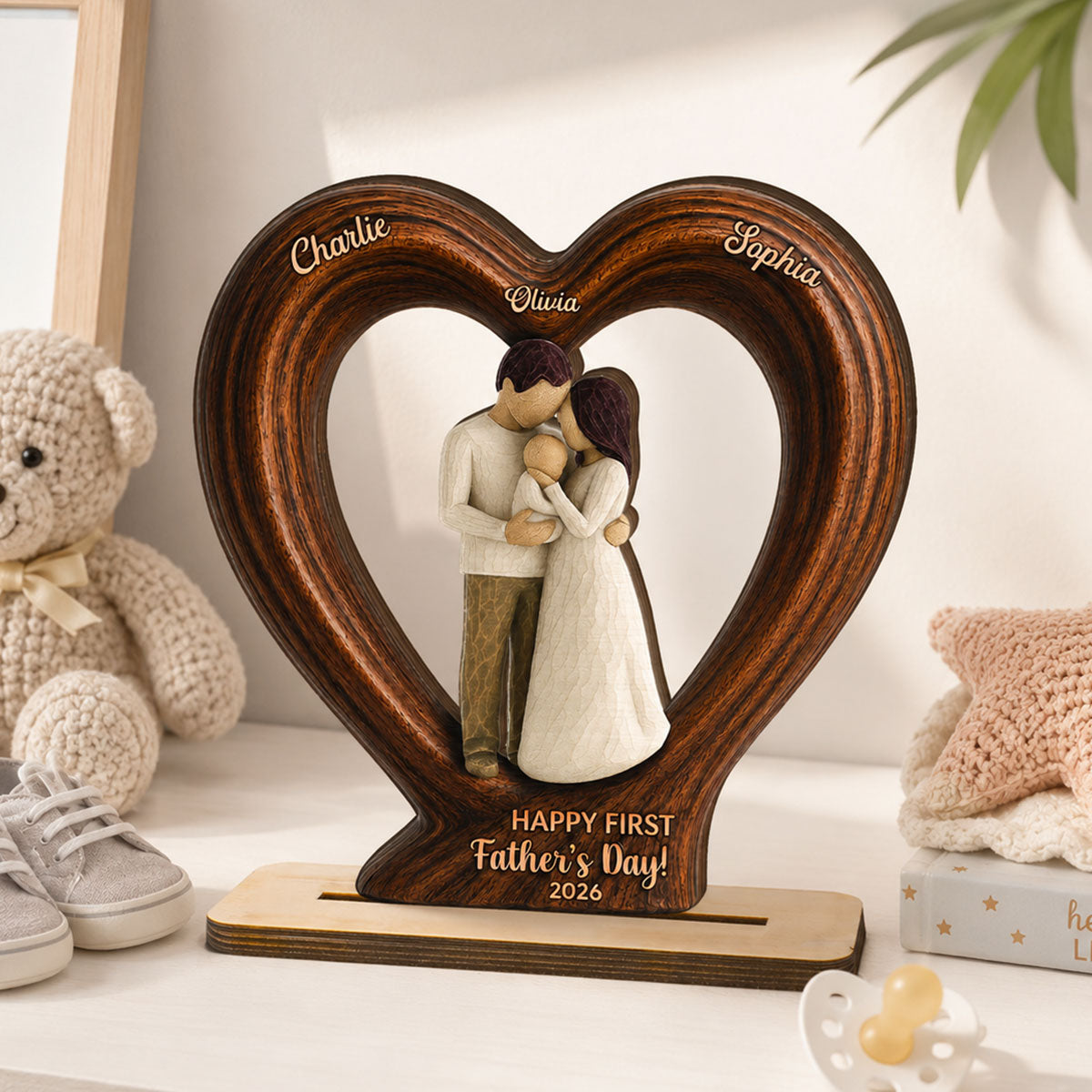 Happy First Dad From Mom And Baby 2D Flat Heart - Personalized 2-Layered Wooden Plaque - Heartfelt Gift For Husband, New Dad