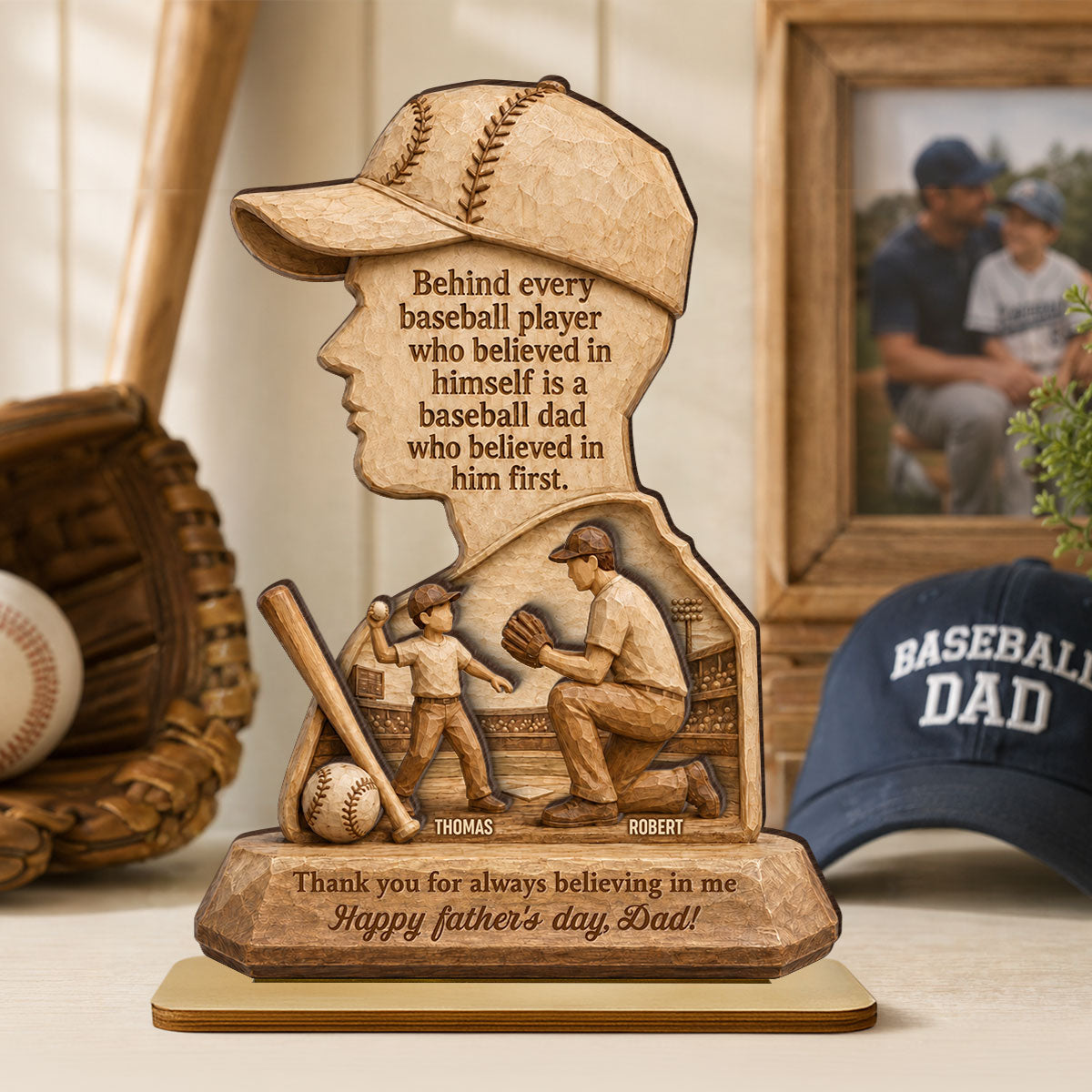 Behind Every Baseball Player is a Baseball Dad - Personalized 2-Layered Wooden Plaque - Gift for Dad, Husband