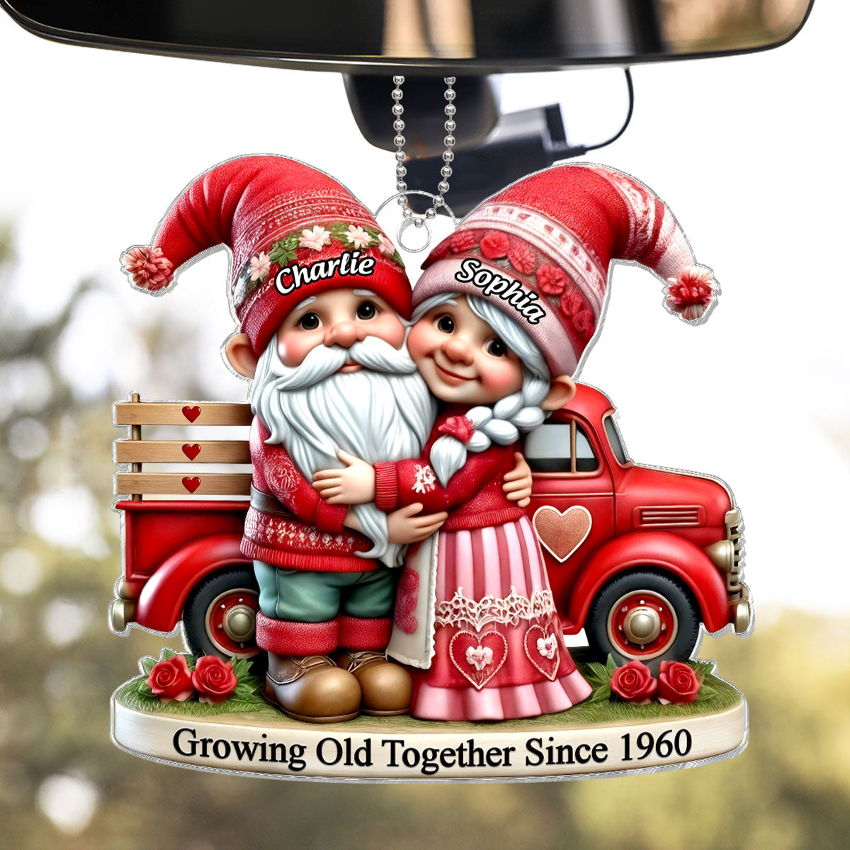 3D Effect Gnome Old Couple And Truck Personalized Car Hanger Ornament, Gift For Couple, For Him, For Her, Husband, Wife