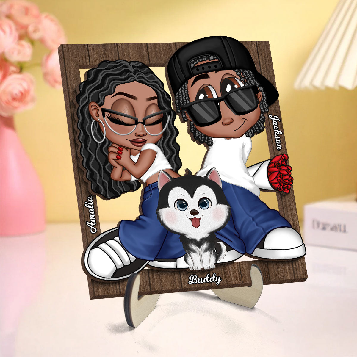 Y2K Couple Dogs Cats Frame Personalized 2-layer Wooden Plaque, Gift for Him, Gift for Her