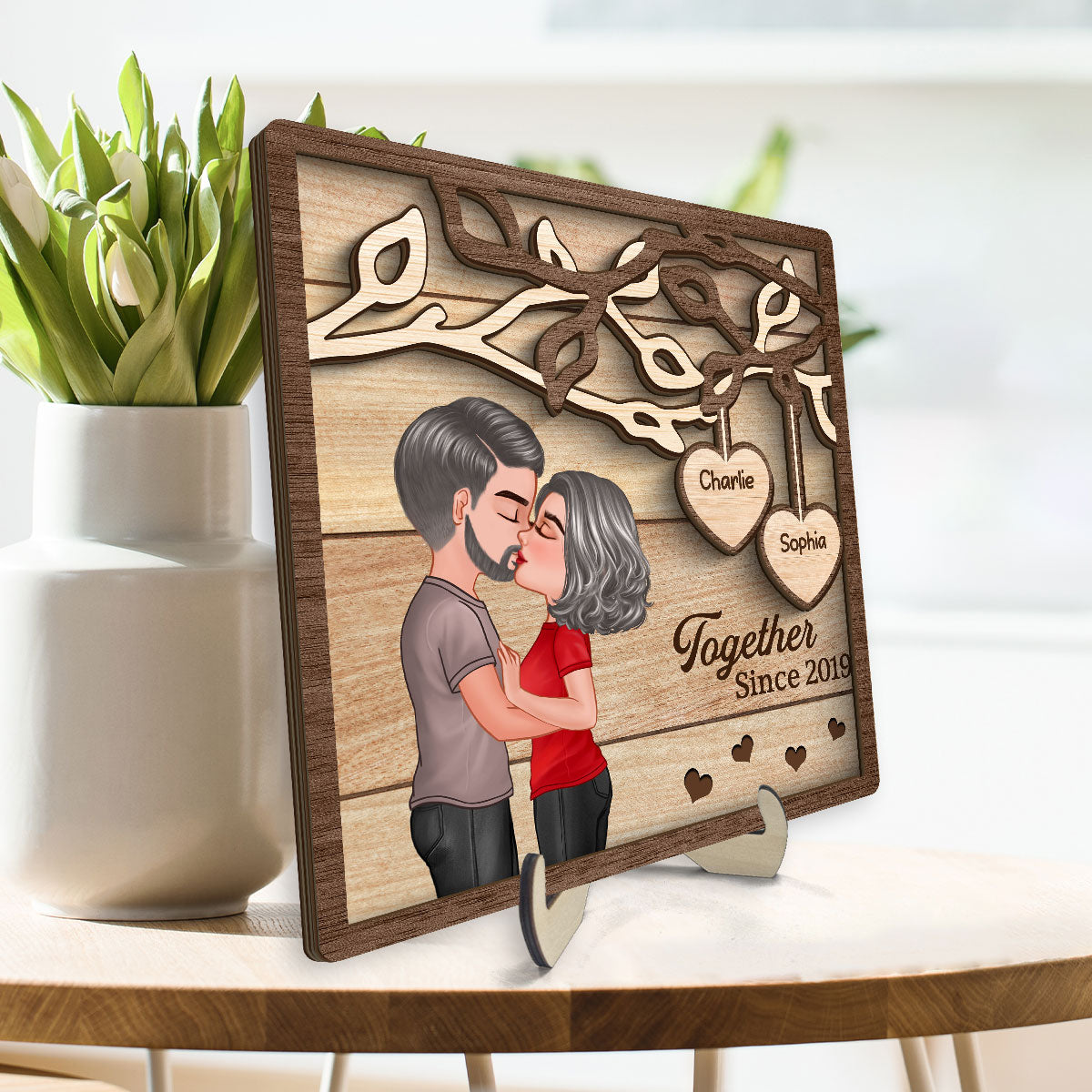 Couple Kissing Under Tree Gift For Her Gift For Him Personalized 2-Layer Wooden Plaque