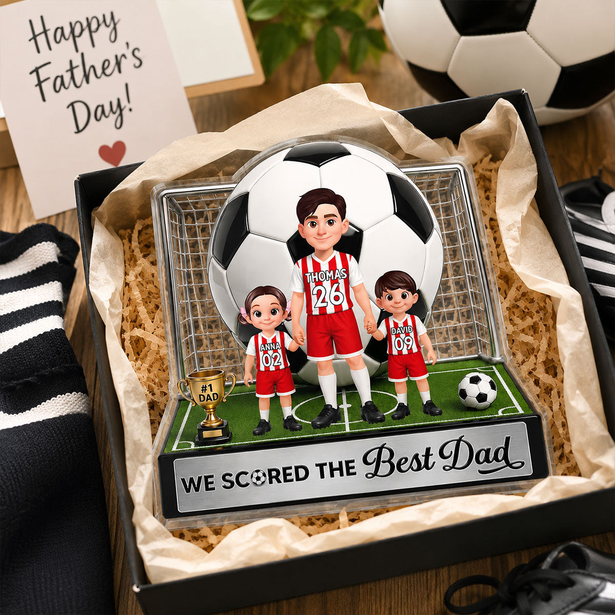 No 1 Soccer Dad And Kids We Scored The Best Dad 2D Flat Printed - Personalized Acrylic Block Plaque - Gift For Dad, Husband, Soccer Football Fans