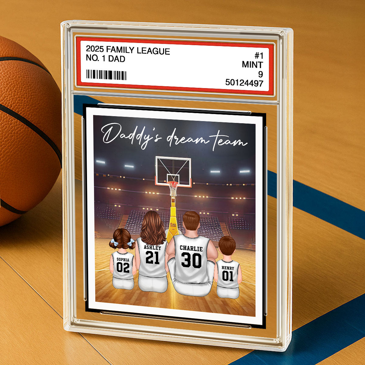 Basketball Daddy's Dream Team No. 1 Dad Man & Kids Sitting Trading Card Style - Personalized Acrylic Block Plaque