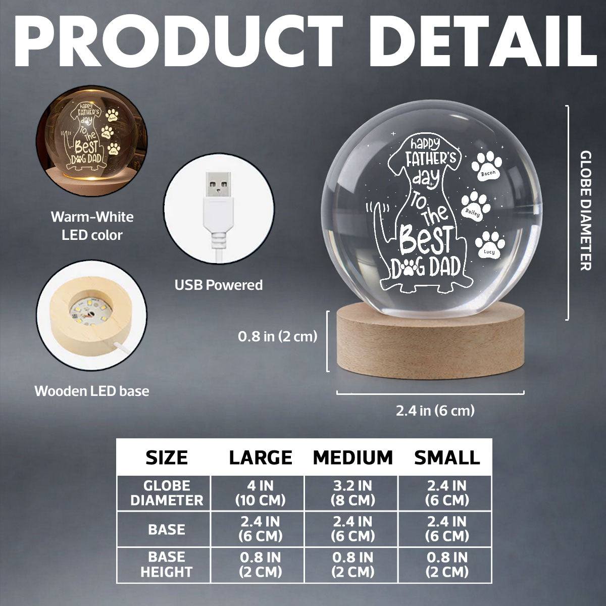 Happy Dog Dad - Personalized Crystal Ball LED Night Light - Heartfelt Gift for Husband