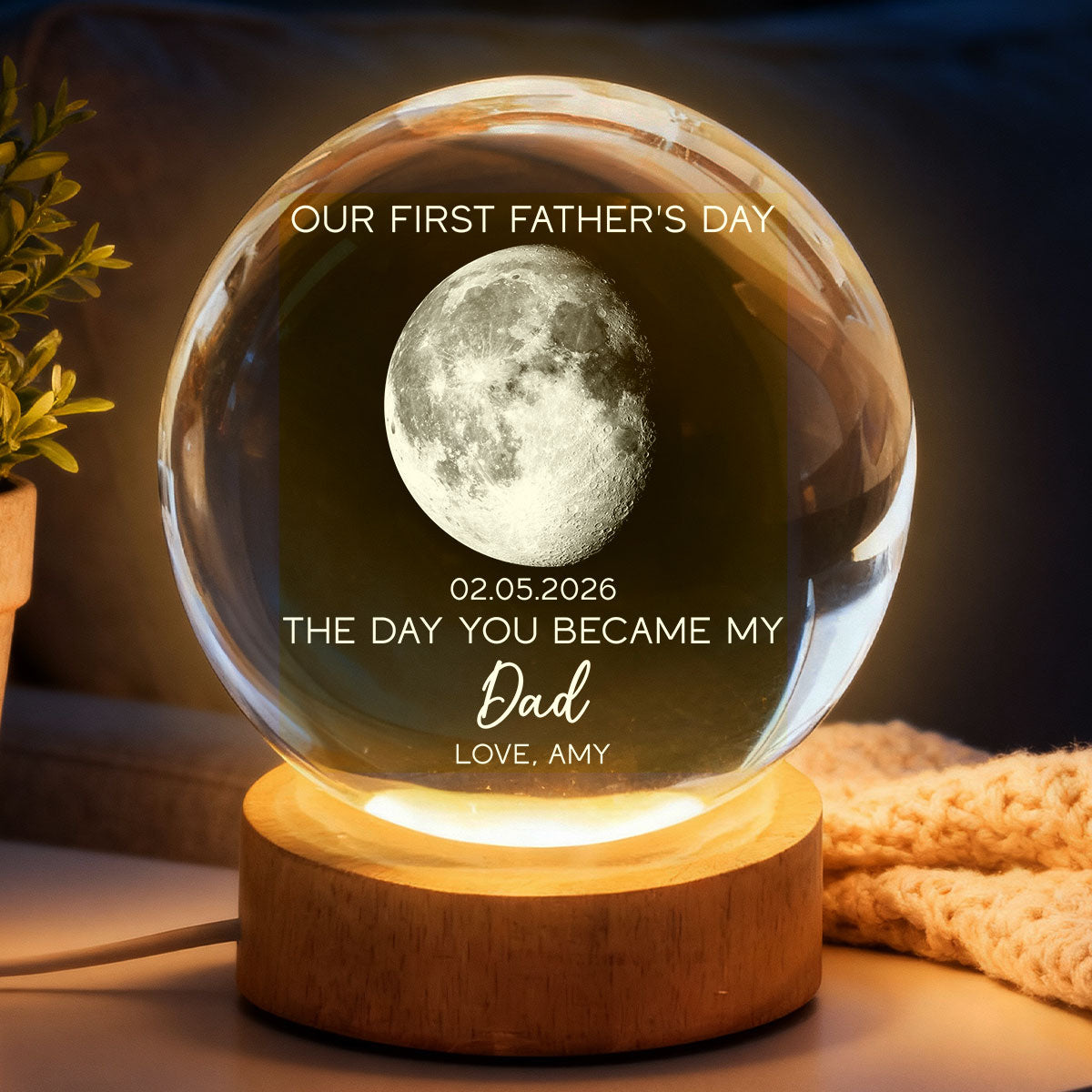 The Day You Became My Dad Custom Moon Phase First - Personalized Crystal Ball LED Night Light - First Gift For New Dad