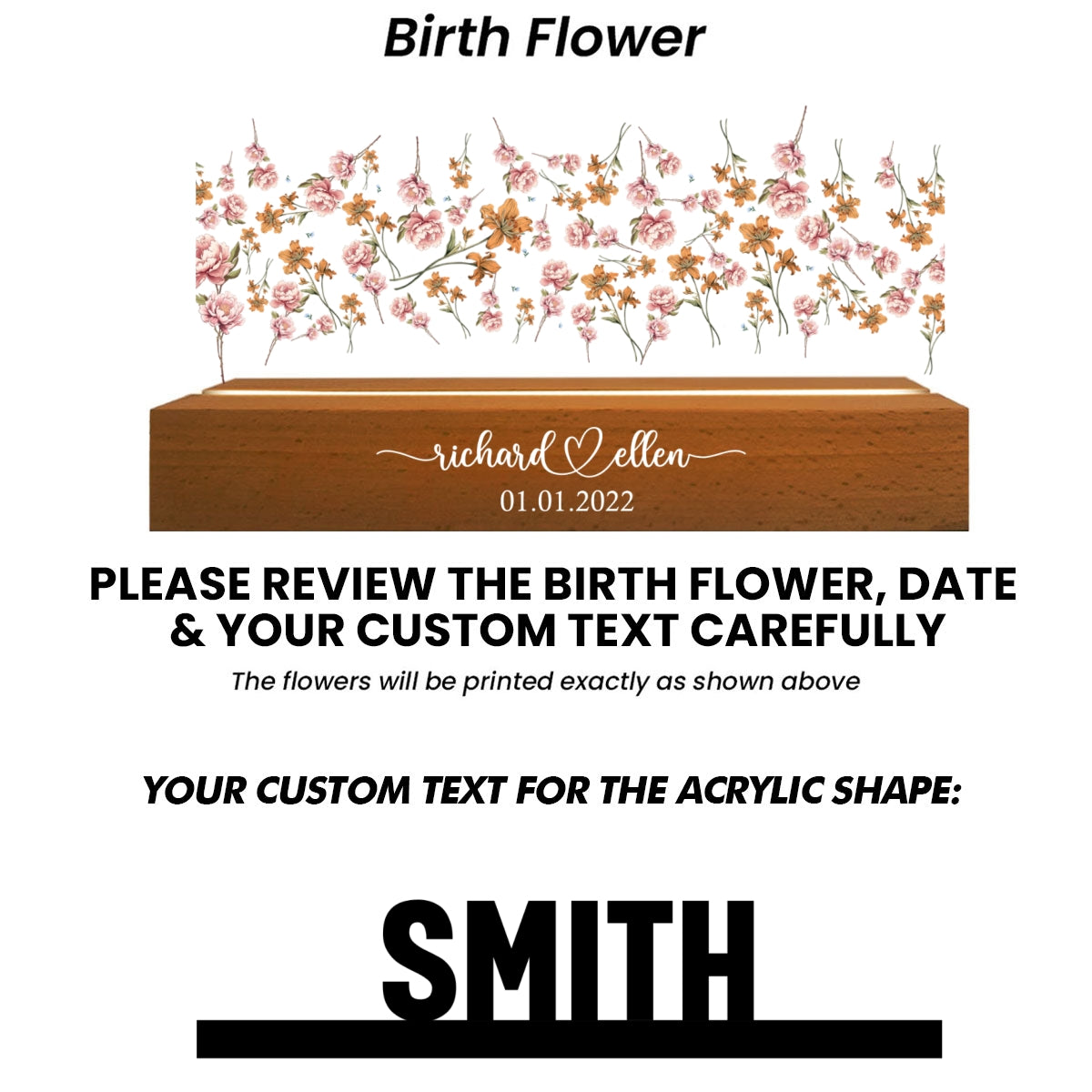 Mr & Mrs Family Name Wedding Anniversary Gift for her & for him, Custom Flower Printed LED Night Light