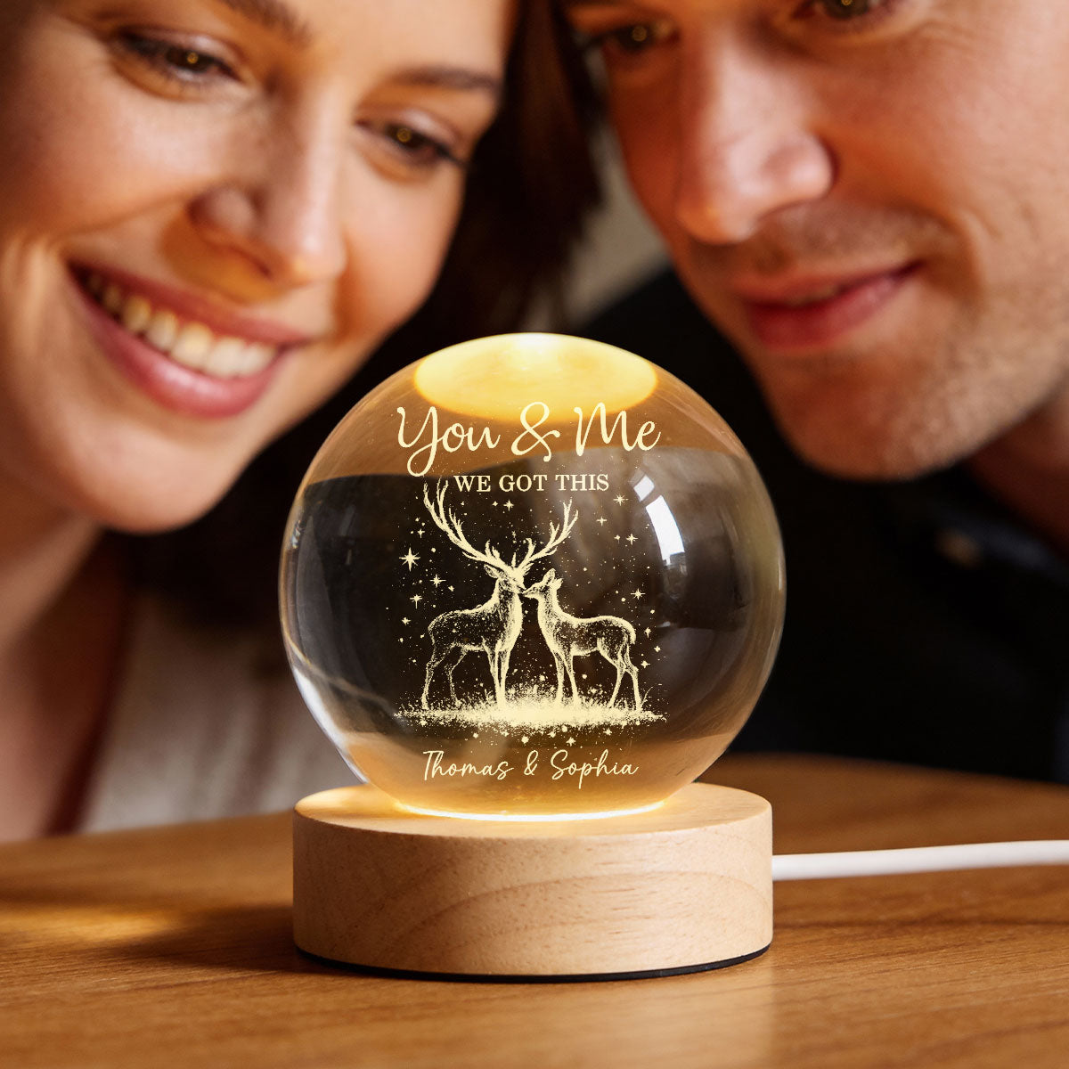 Eternal Love Deers Couple - Personalized Crystal Ball LED Night Light - Valentine's Day Gift For Couple, Hunters, For Her, For Him