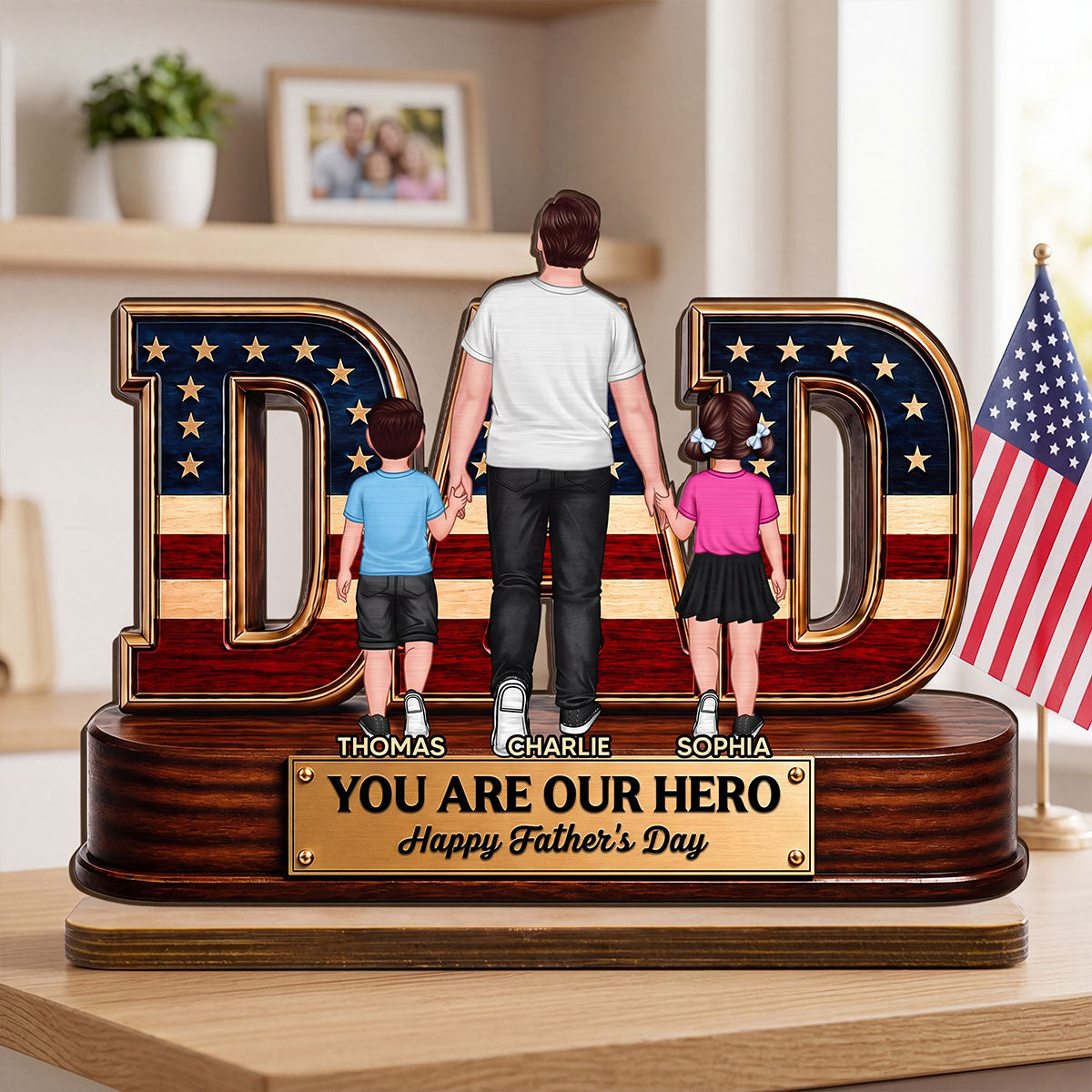 Nation Flag Dad And Kids You Are Our Hero - Personalized 2-Layered Wooden Plaque - Gift For Dad, Husband