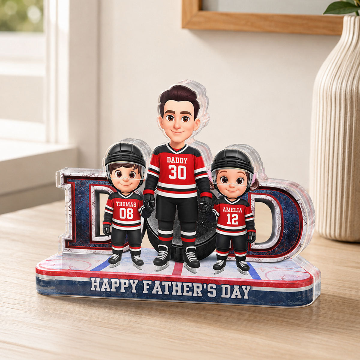 Hockey Dad And Kids Together Front View - Personalized Acrylic Block Plaque - Gift For Dad, Husband