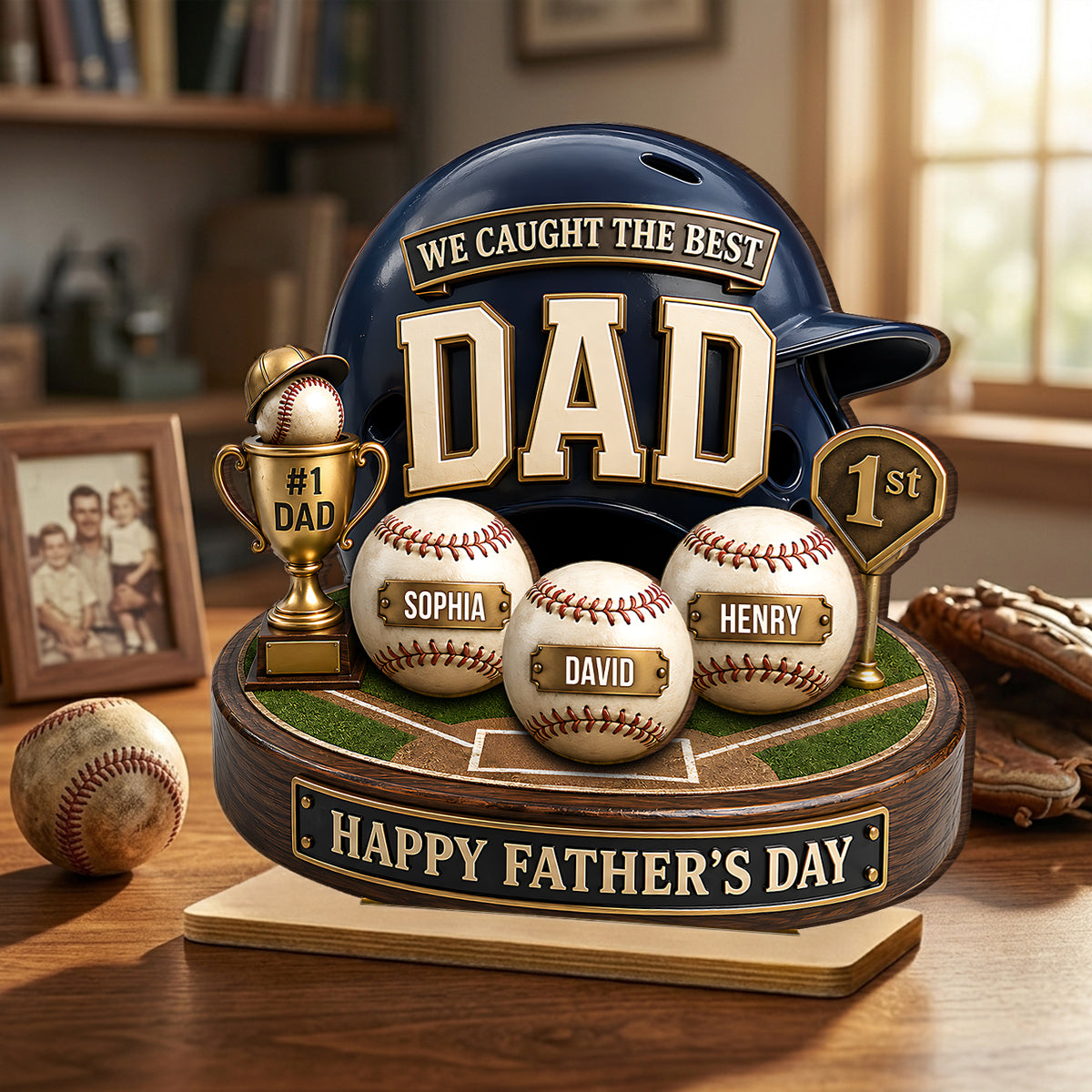 Baseball Trophy We Caught The Best Dad - Personalized 2-Layered Wooden Plaque - Gift For Dad, Husband