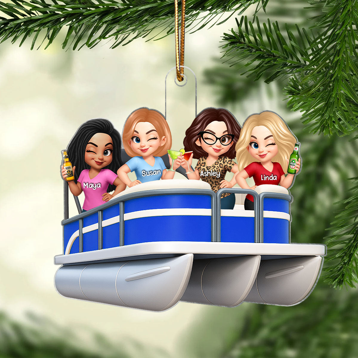 Besties On Pontoon Boat 3D Effect Personalized Acrylic Ornament Keepsake