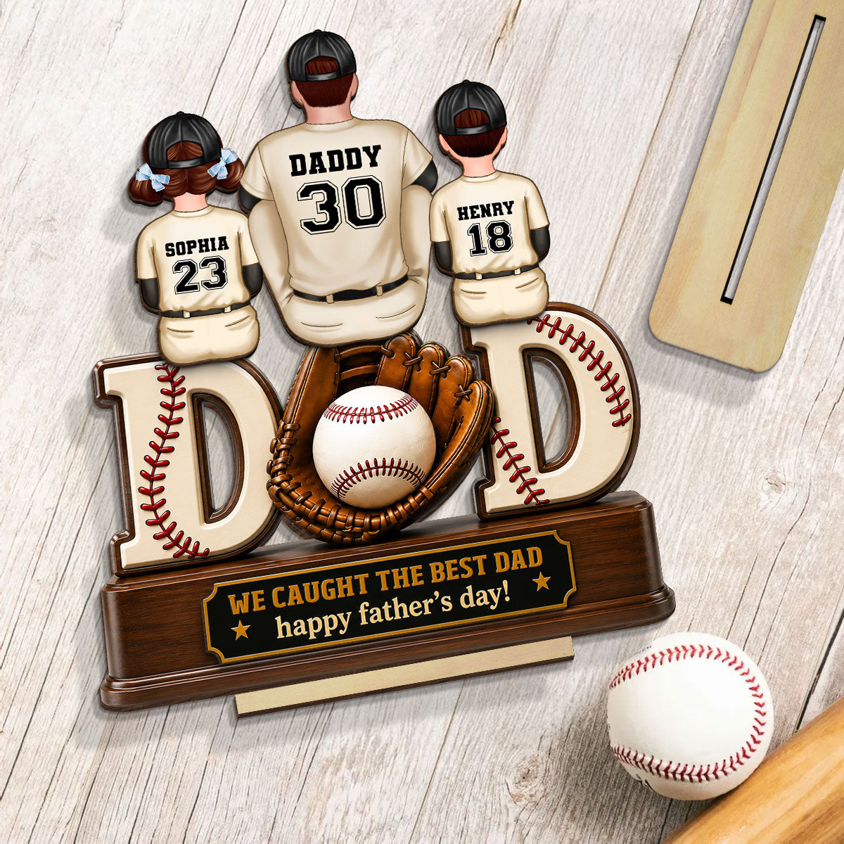 Dad And Children Baseball Gloves - Personalized 2-Layered Wooden Plaque - Gift for Dad, Husband