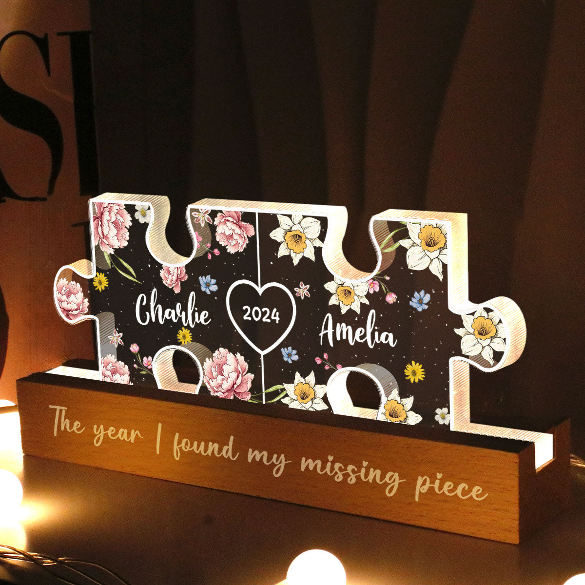 Couple Puzzle Birth Month Flower Theme Anniversary Gift Personalized Acrylic LED Night Light, Heartfelt 2025 Gift, Anniversary Gift For Her, For Girlfriend, For Wife