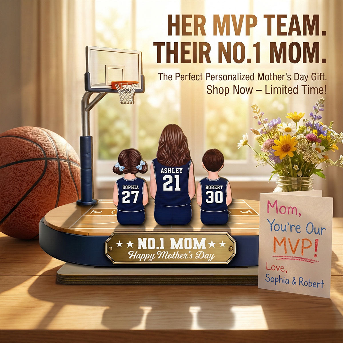 Mommy's Basketball Dream Team - Personalized 2-Layered Wooden Plaque - Gift For Basketball Mom