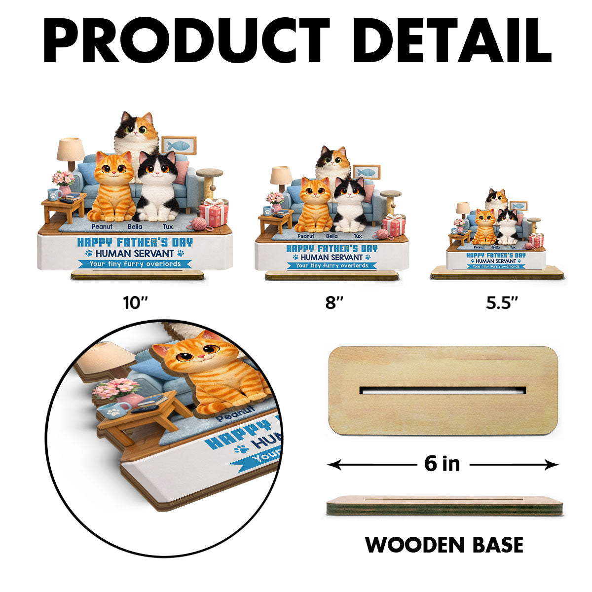 Cat Dad Cute Fluffy Cats Happy Human Servant - Personalized 2-Layered Wooden Plaque - Funny Gift For Cat Dad, Cat Lovers