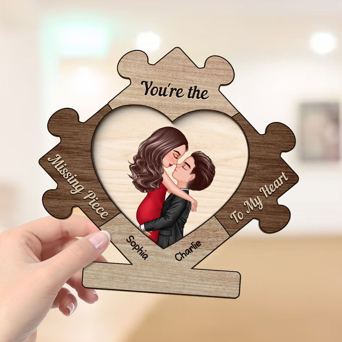 Couple Kissing In Puzzle Piece Personalized 2-layer Wooden Plaque, Gift For Him, For Her
