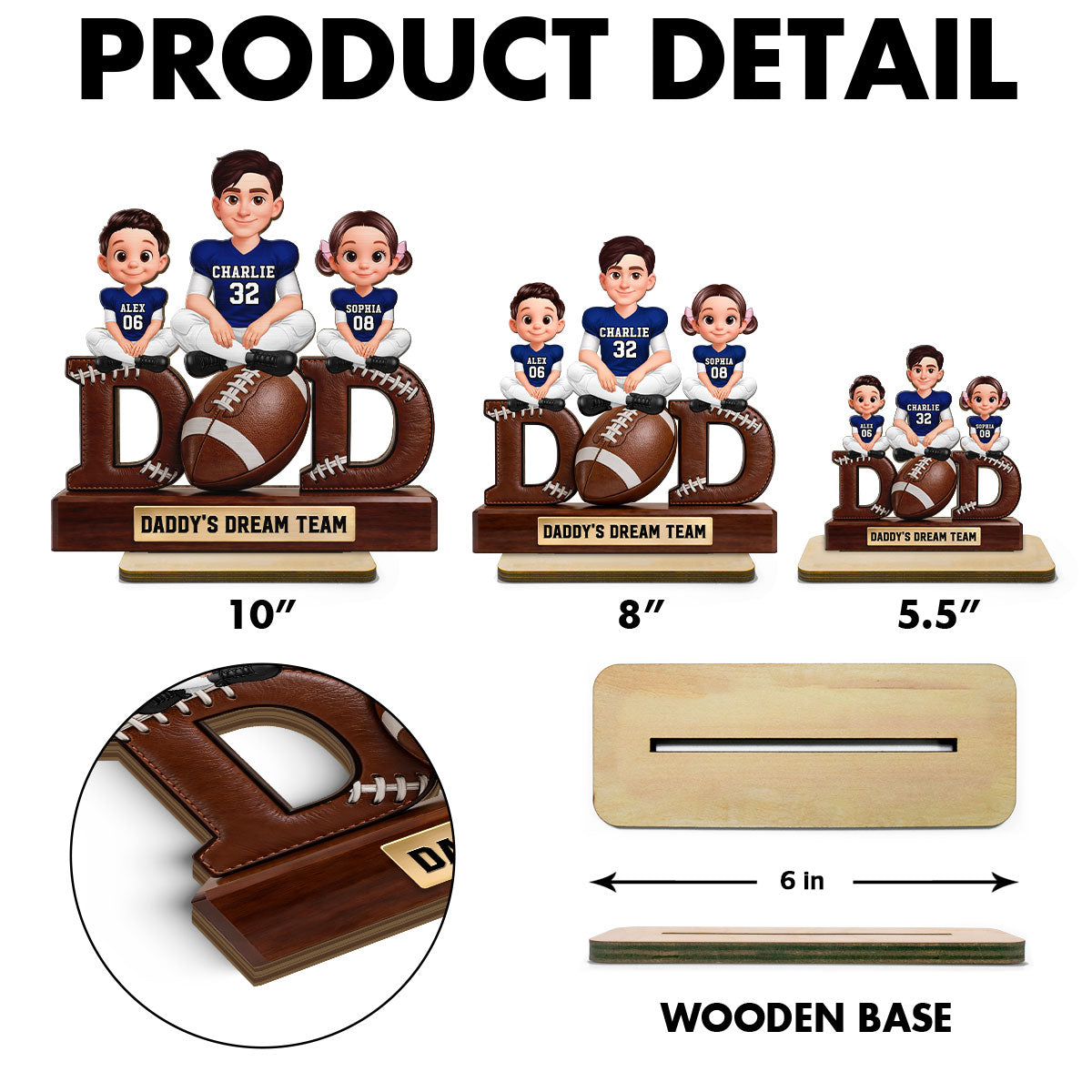 American Football Daddy's Dream Team - Personalized 2-Layered Wooden Plaque - Gift For Dad