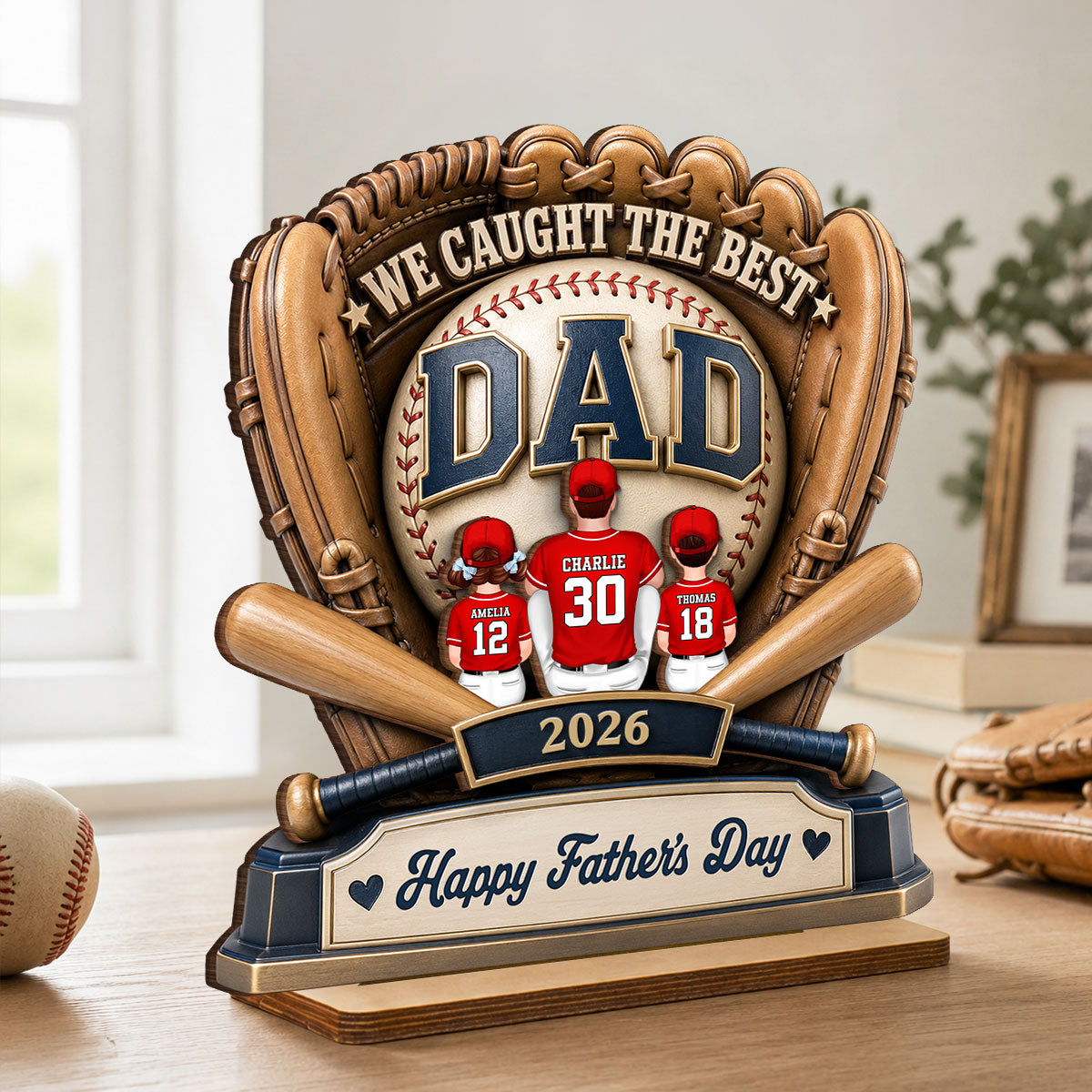 Dad's Greatest Catch Baseball - Personalized 2-Layered Wooden Plaque - Gift For Dad, Husband