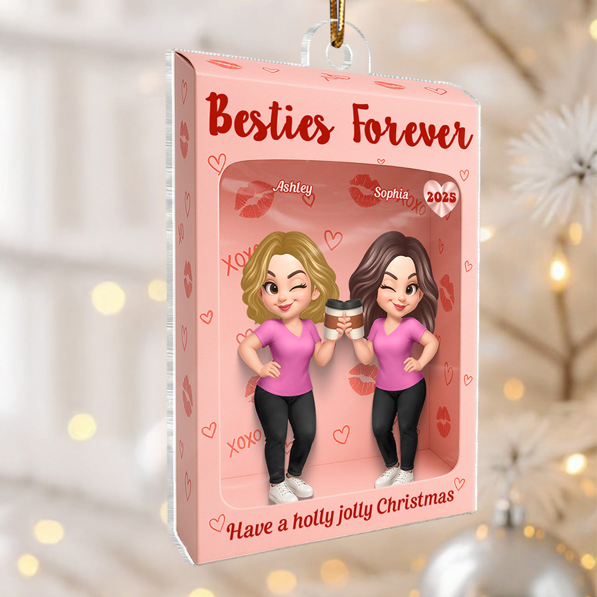 Besties XOXO Pretty Girls Cartoon Toy Box Style - Personalized Acrylic Ornament - Christmas Gift For Best Friends