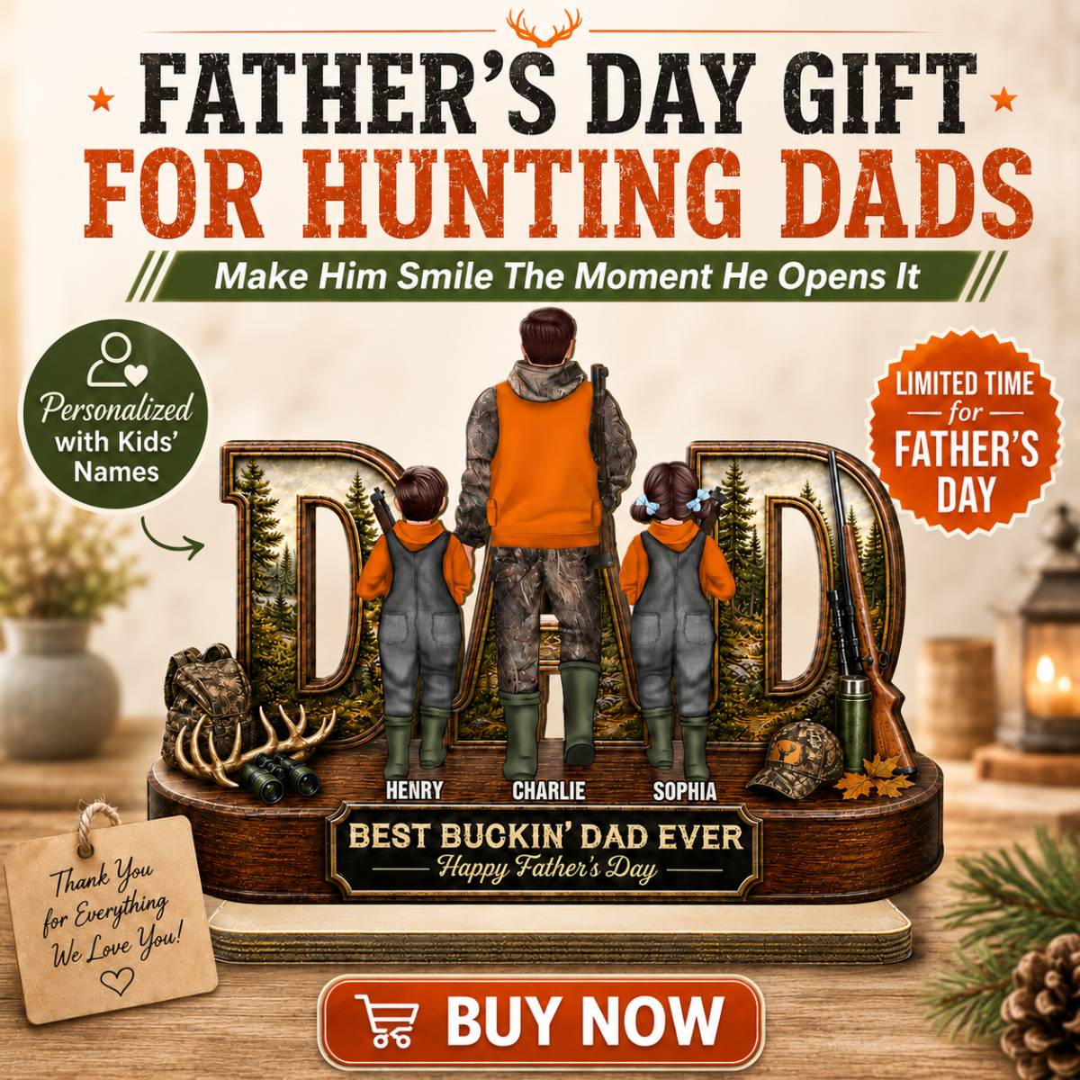 Hunting Dad Best Buckin' Dad Ever - Personalized 2-Layered Wooden Plaque - Unique Gift For Hunting Dad, Husband