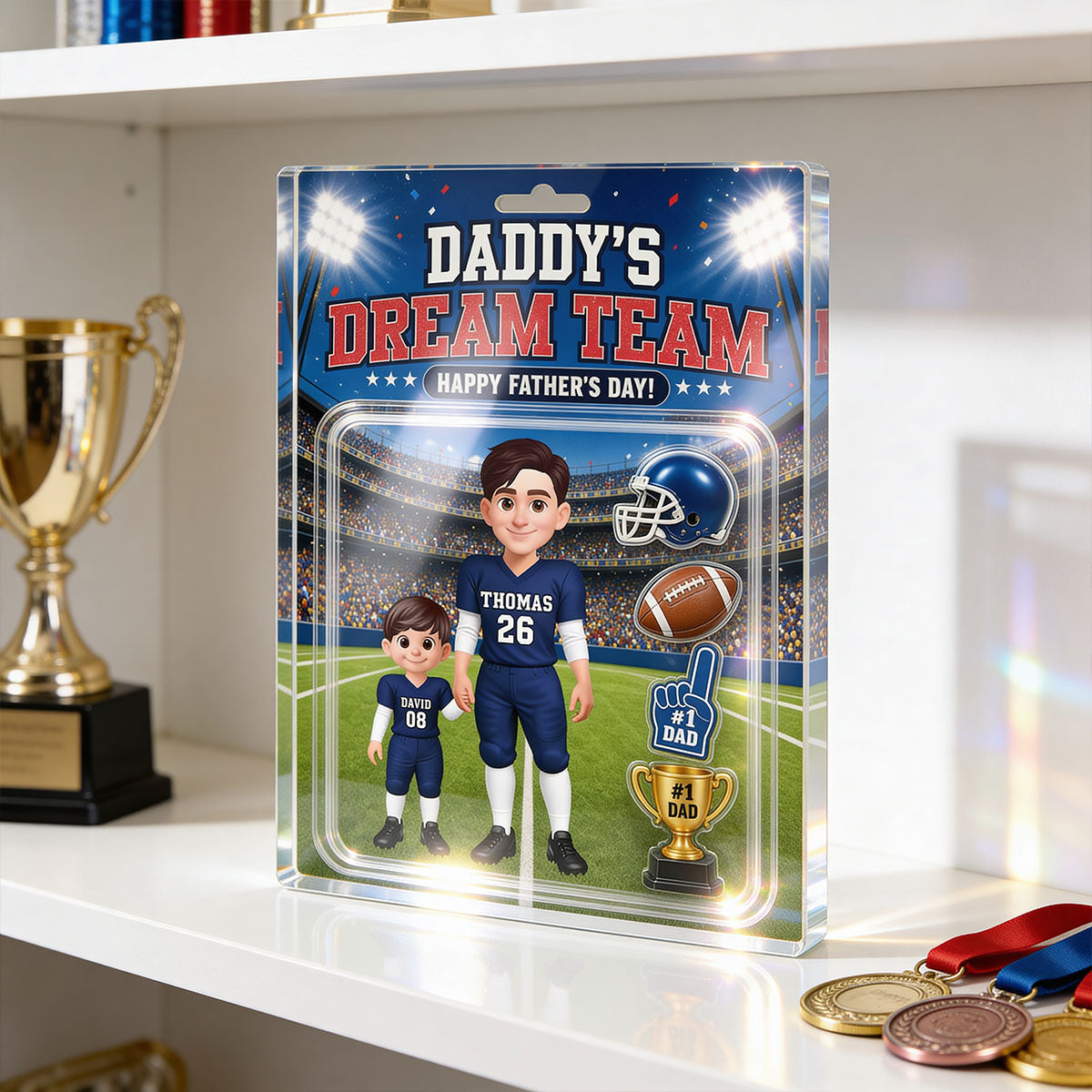 American Football Dad Daddy's Dream Team - Personalized Acrylic Block Plaque - Gift For Football Dad, Husband